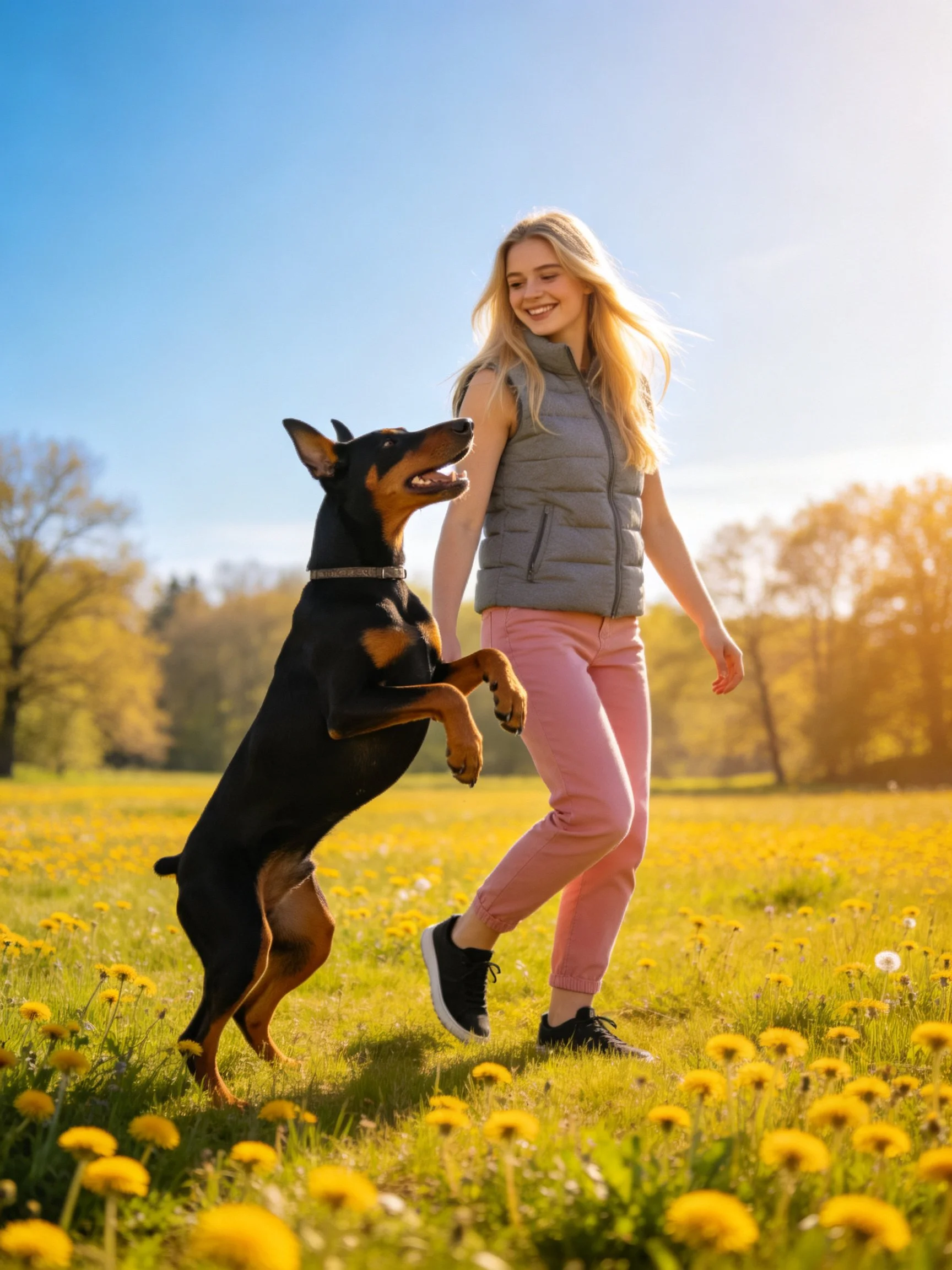 A woman plays with a Doberman in a sunlit flower-filled field.