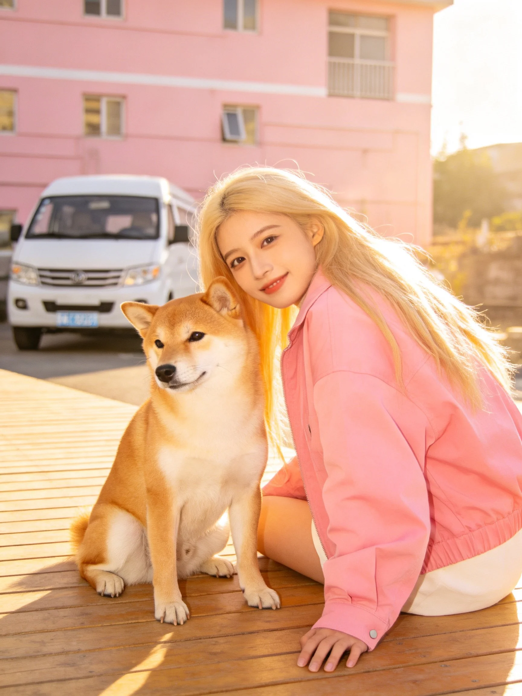 A woman in pink sits with a Shiba Inu near a pink building