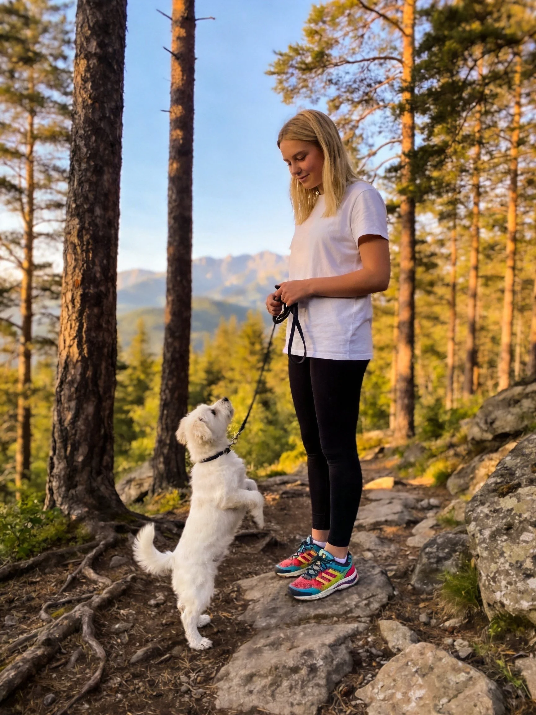 A woman interacts with her small white dog during a forest trail walk.