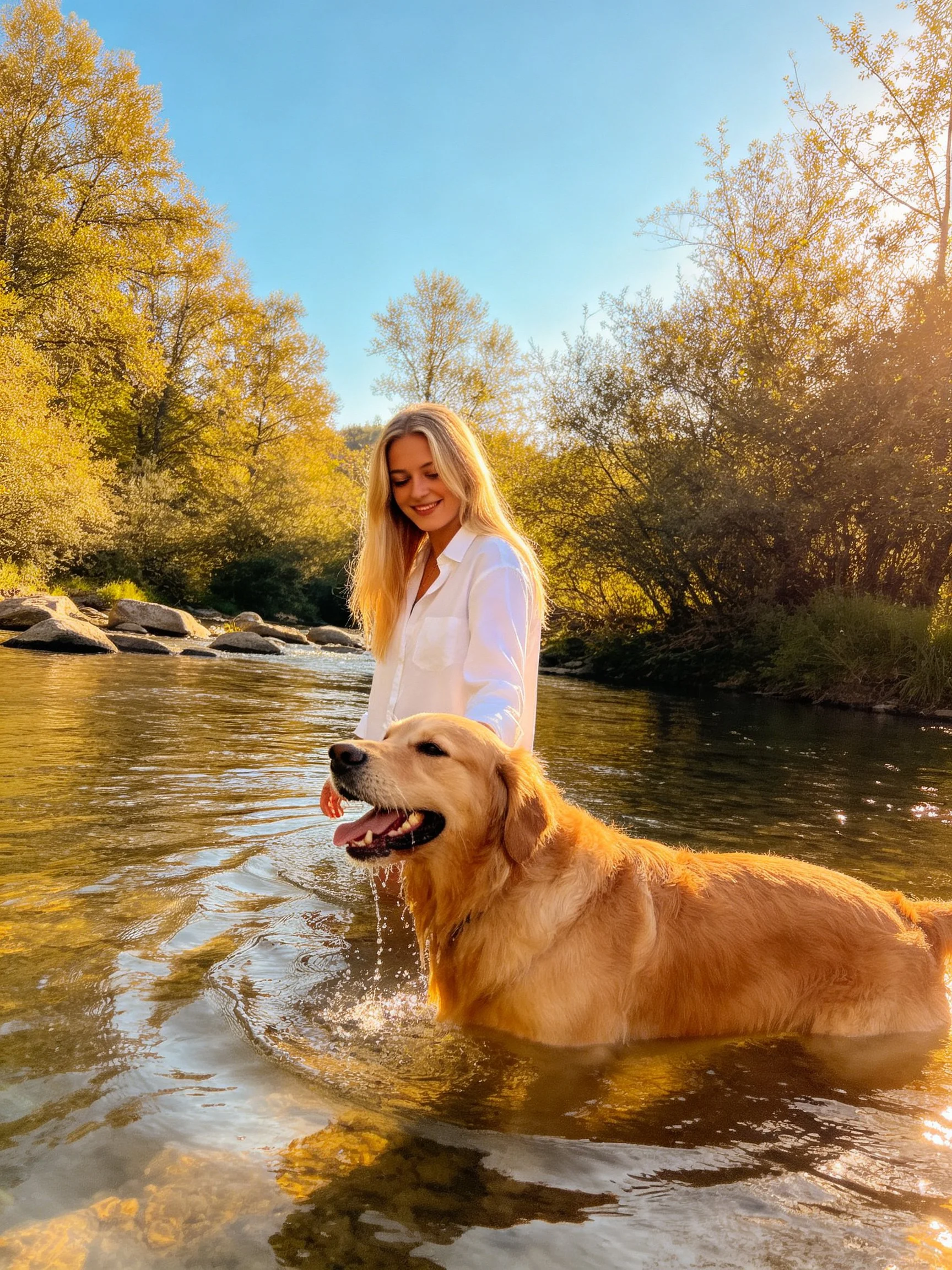 A woman stands next to a golden retriever swimming in a sunlit river.