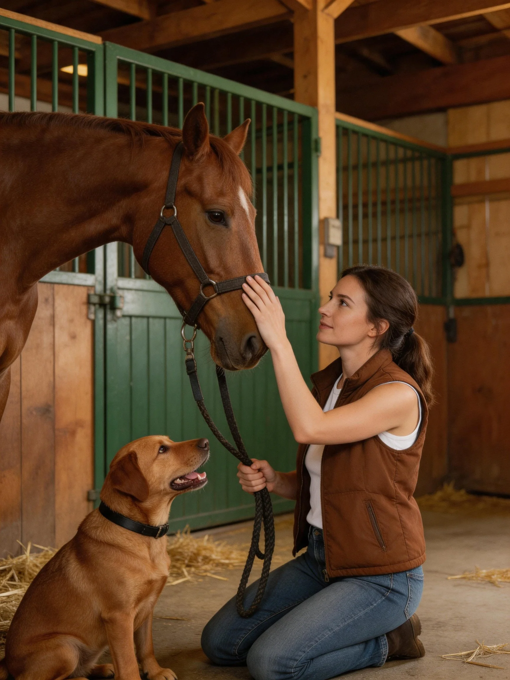 A woman kneels to pet a chestnut horse while a golden retriever looks up in a stable