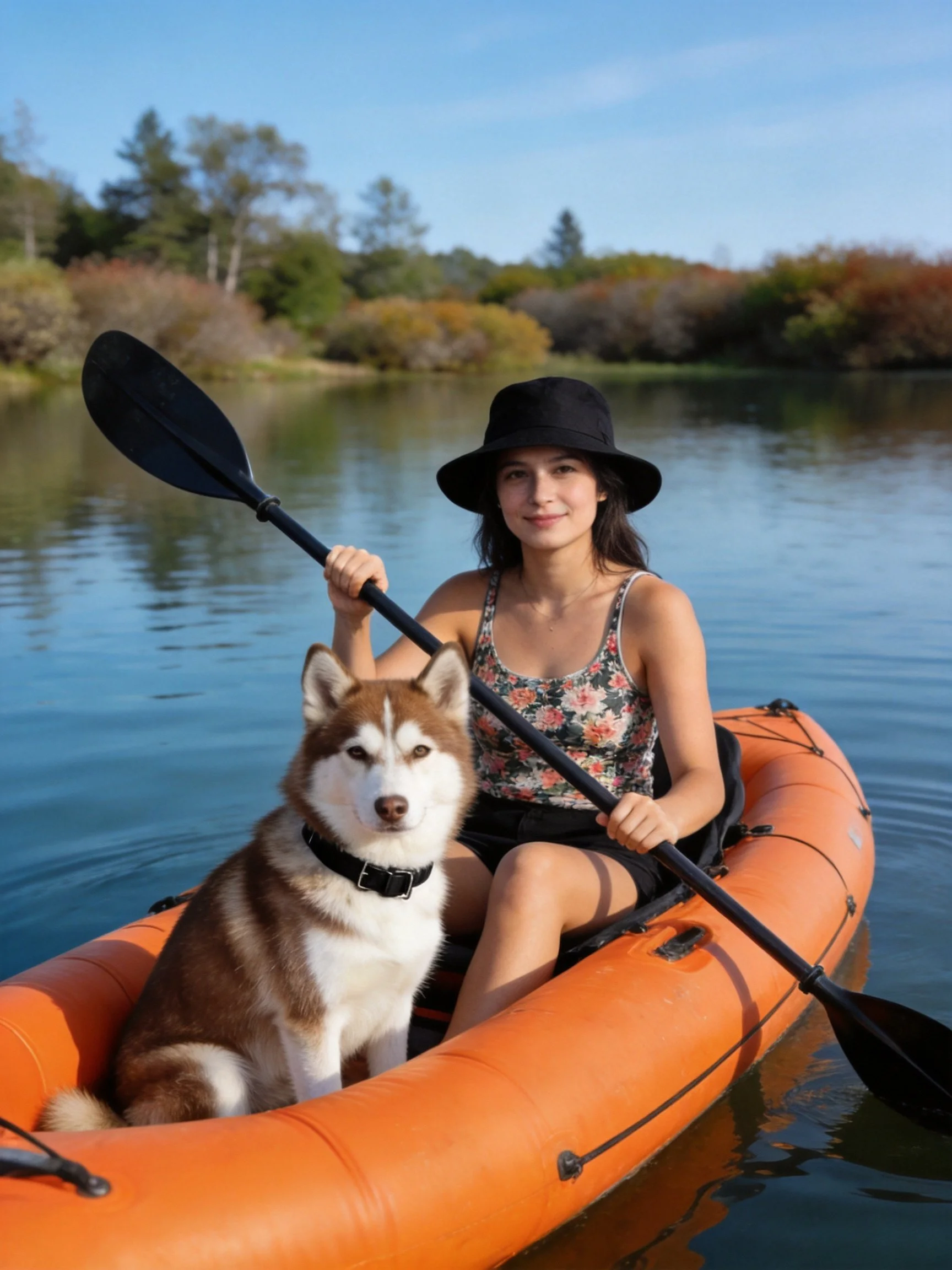 A woman paddles an orange inflatable kayak with her huskydog on calm water.