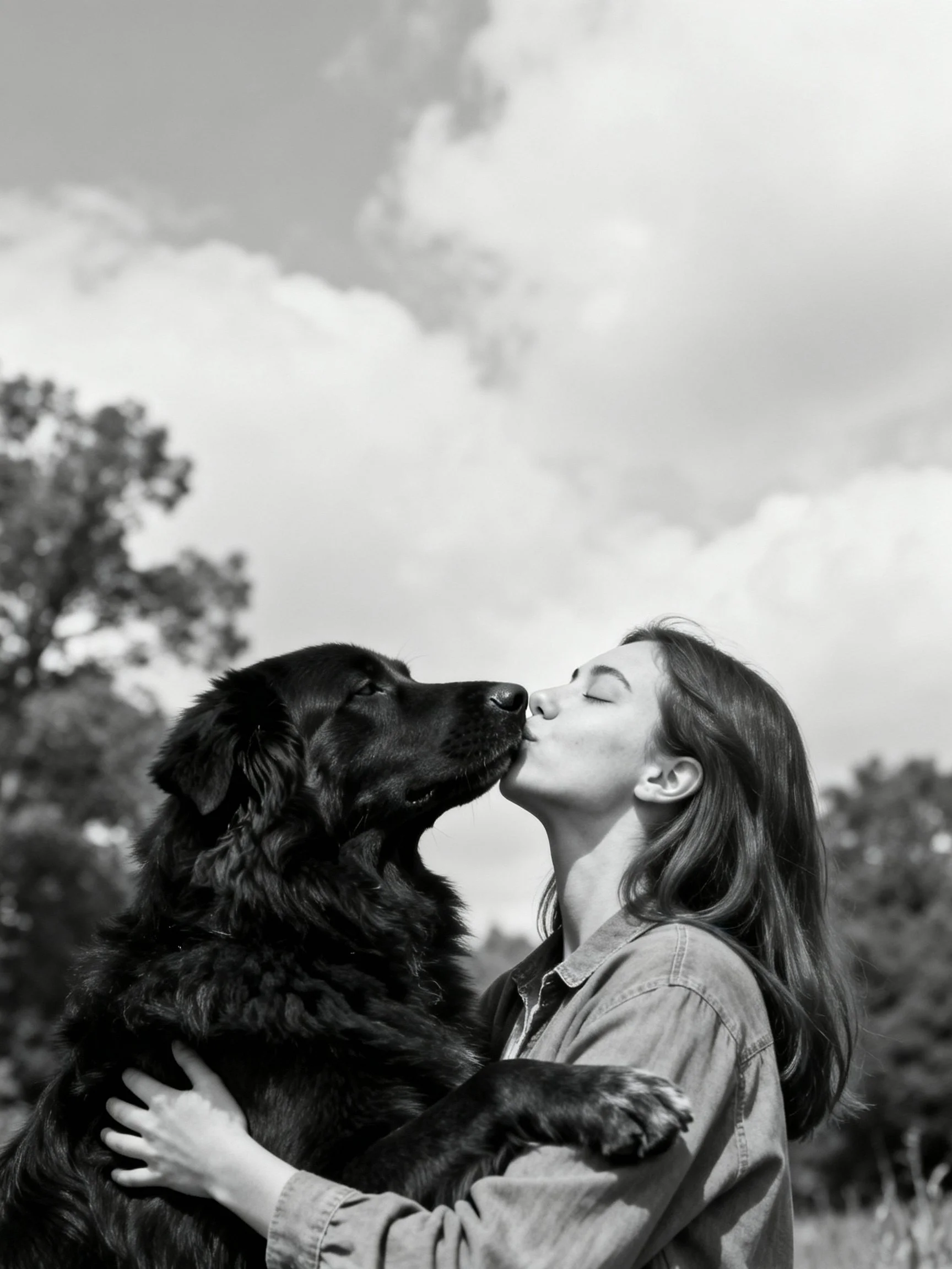 A woman kisses a large black dog amid trees and sky.