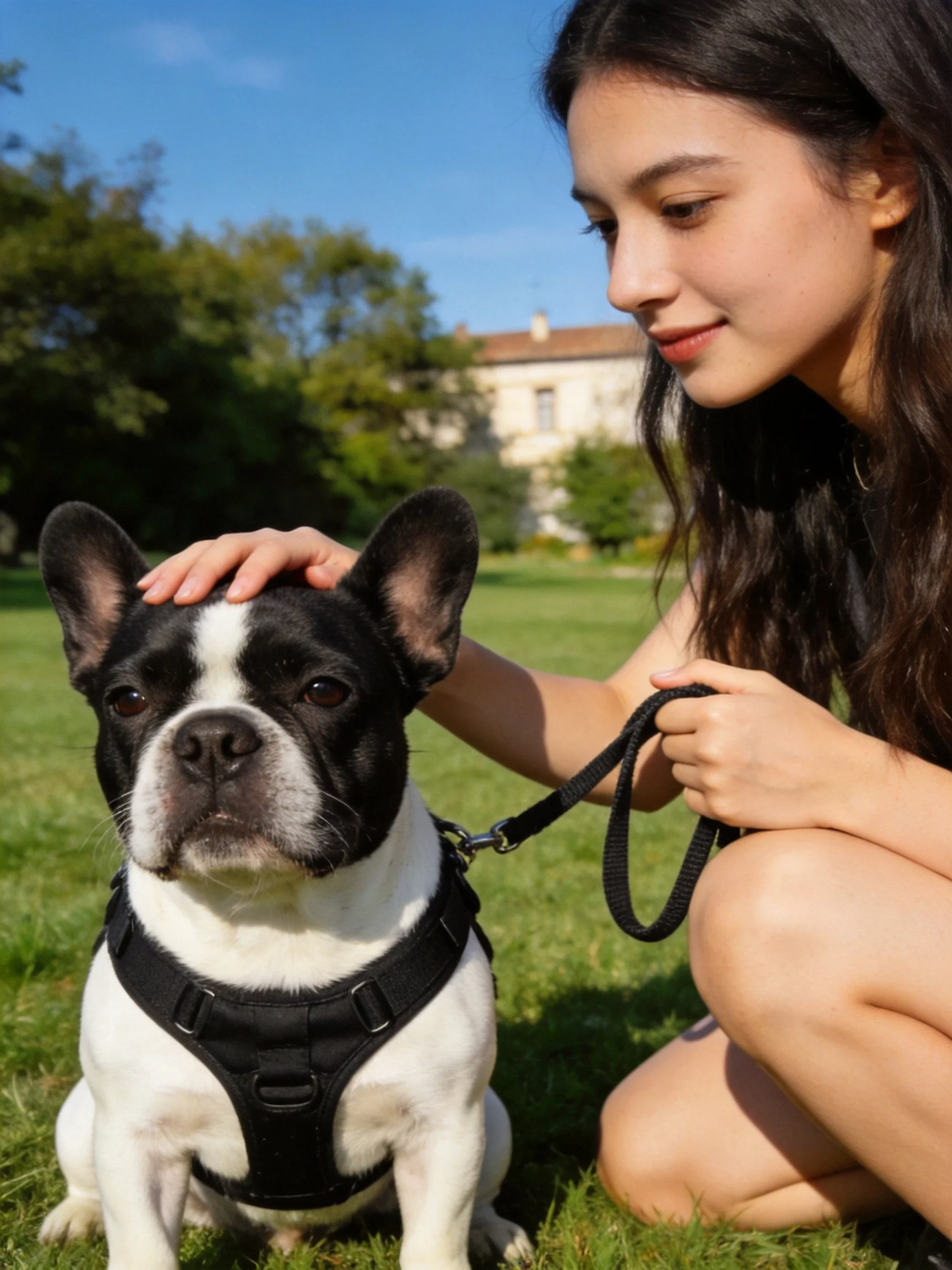 A woman gently pets her black - white French bulldog while outdoors.