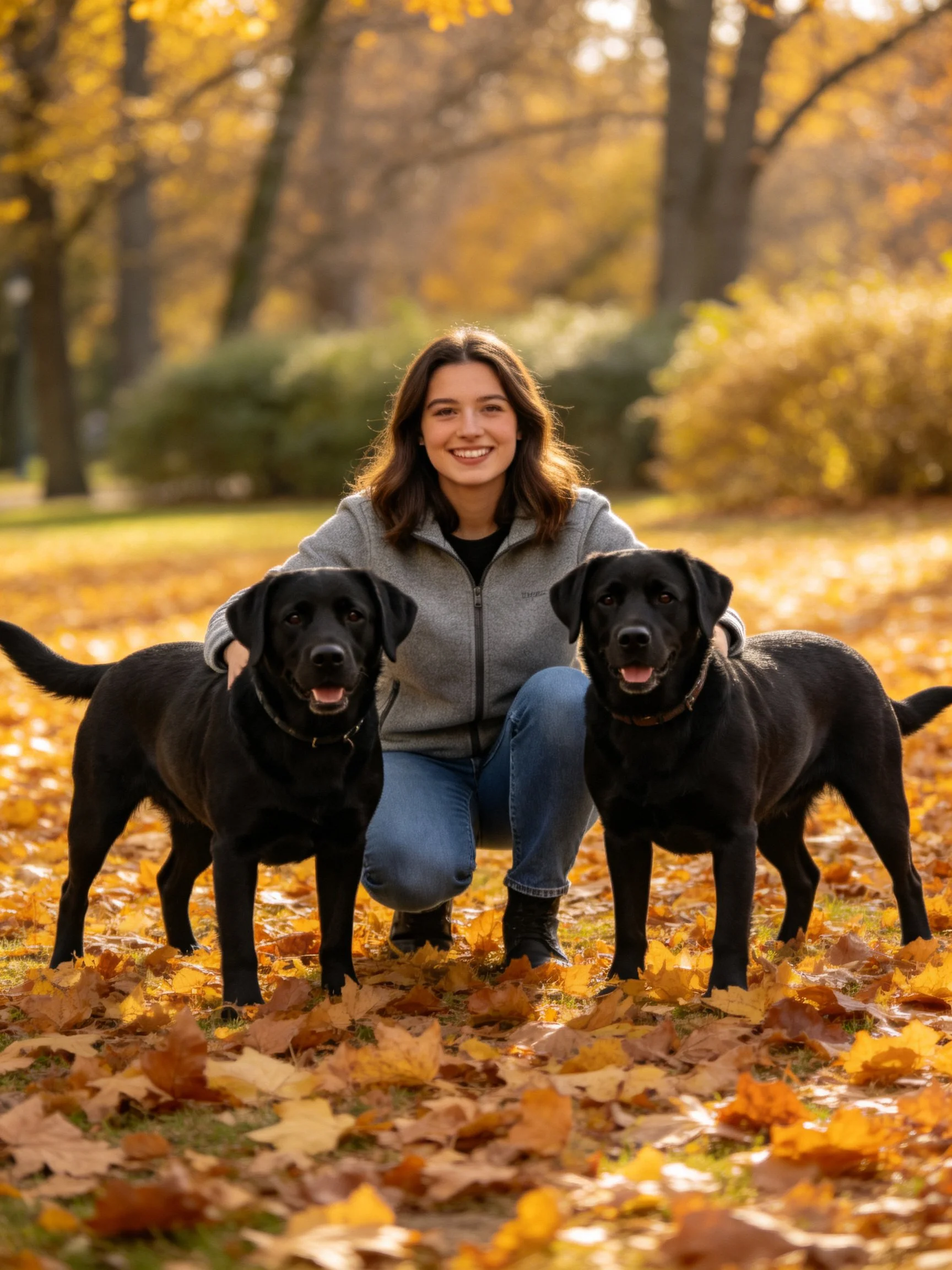 A woman poses outdoors with two black Labradors during autumn.