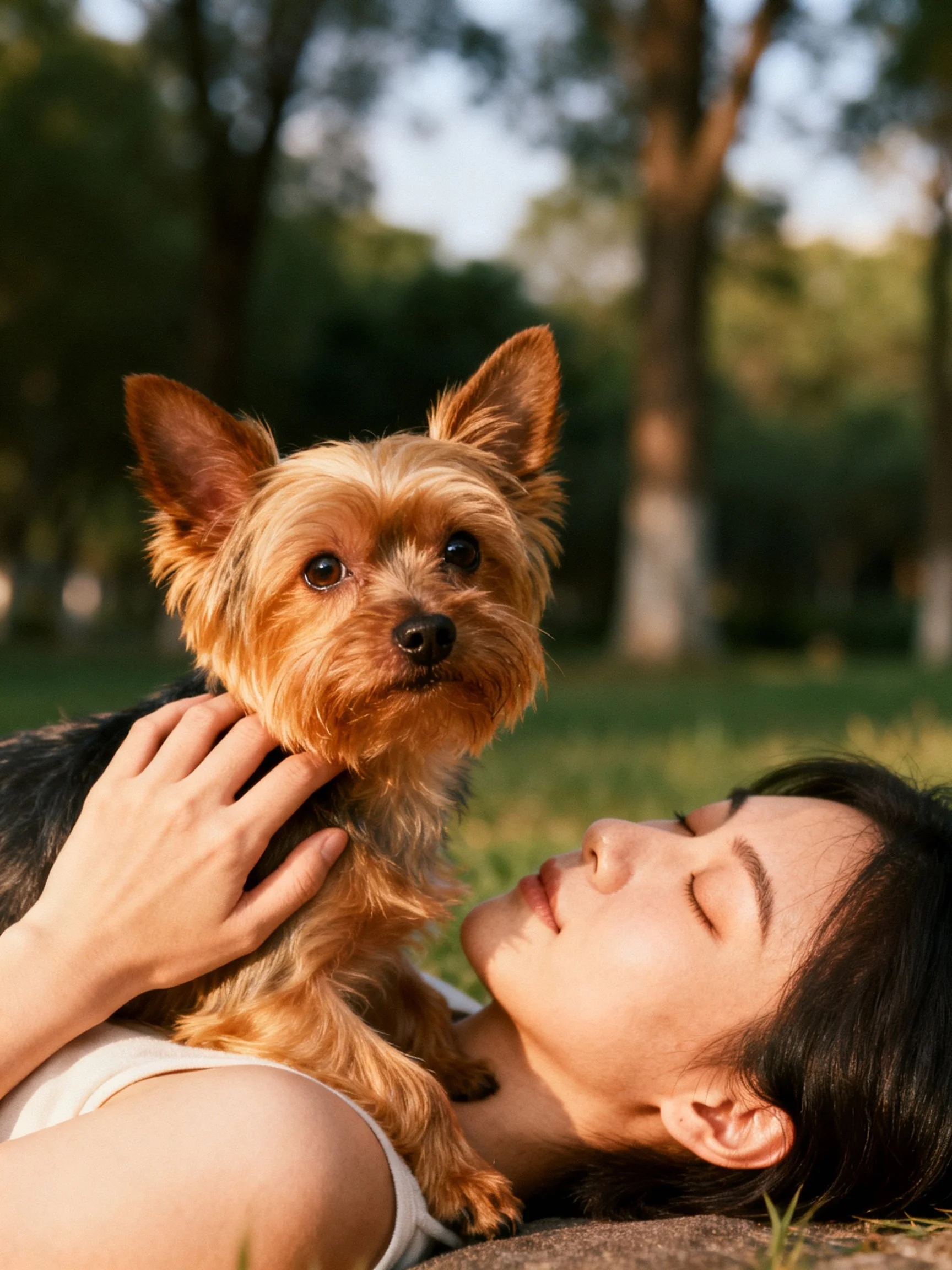 A woman reclines outdoors with a tan and dark-coated terrier