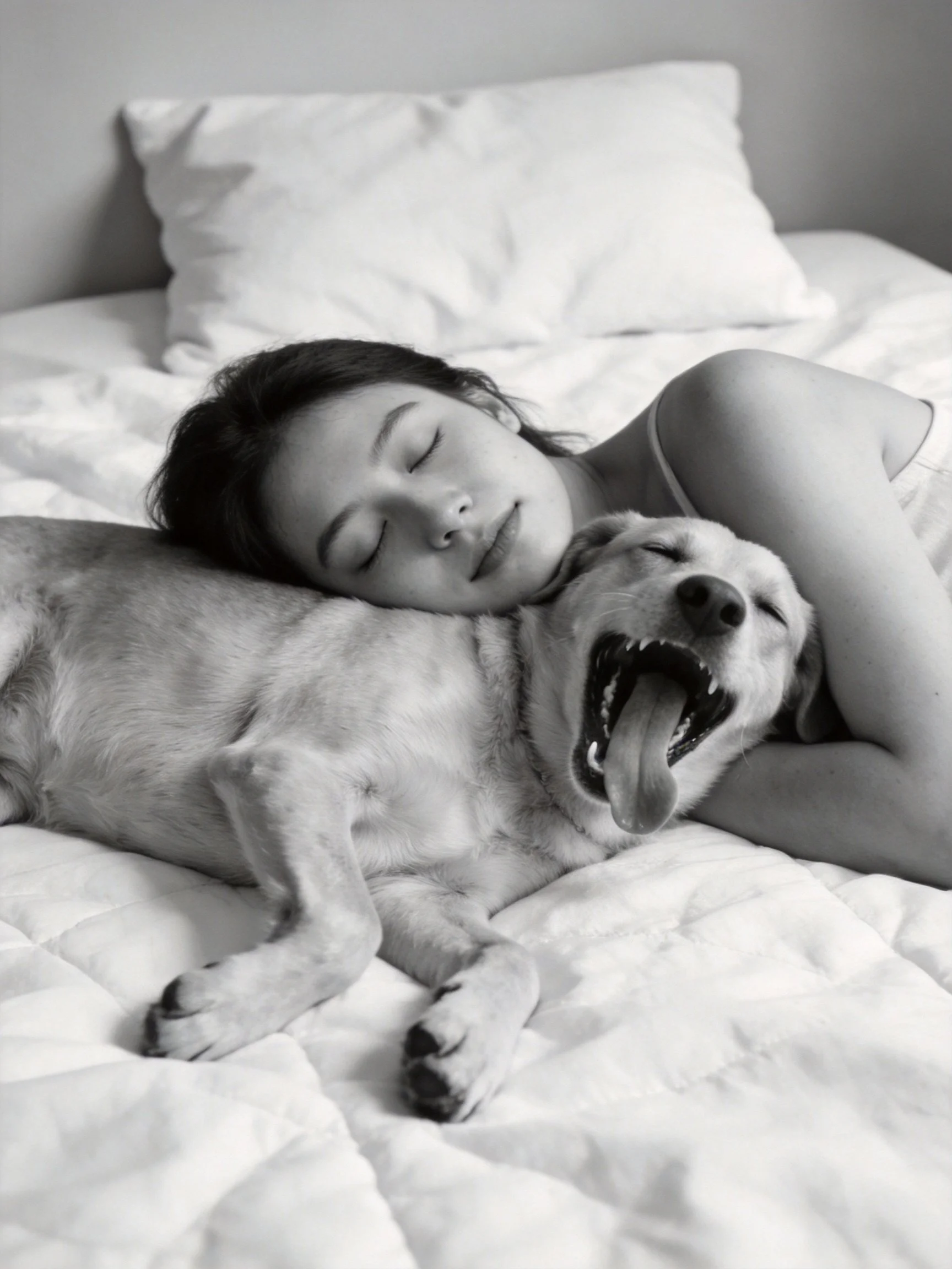 A woman sleeps next to a yawning dog on a white bed.