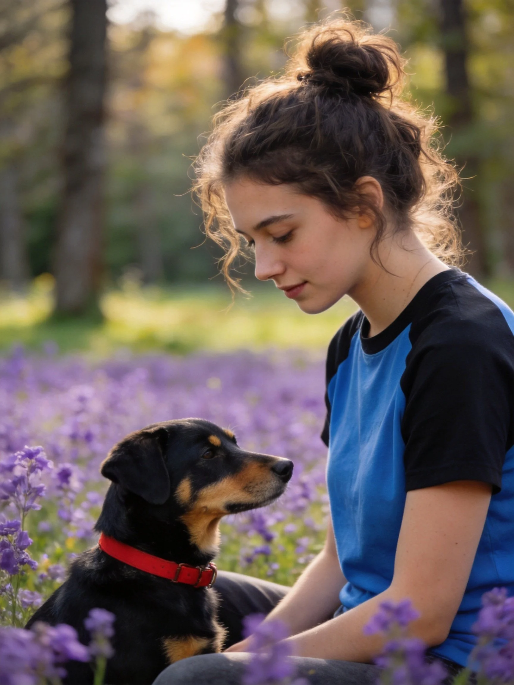 A woman interacts with her dog in a field of purple flowers.