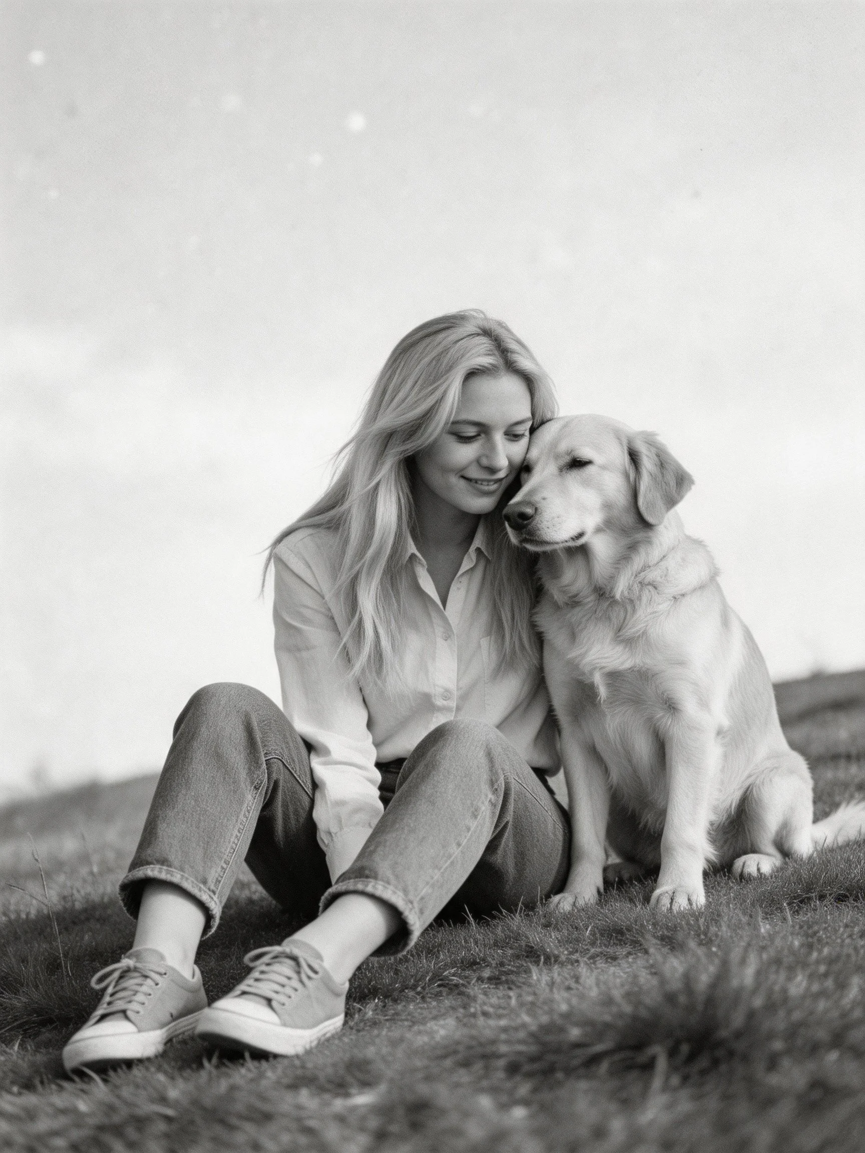 A woman sits closely beside her golden retriever on grass in an outdoor environment.