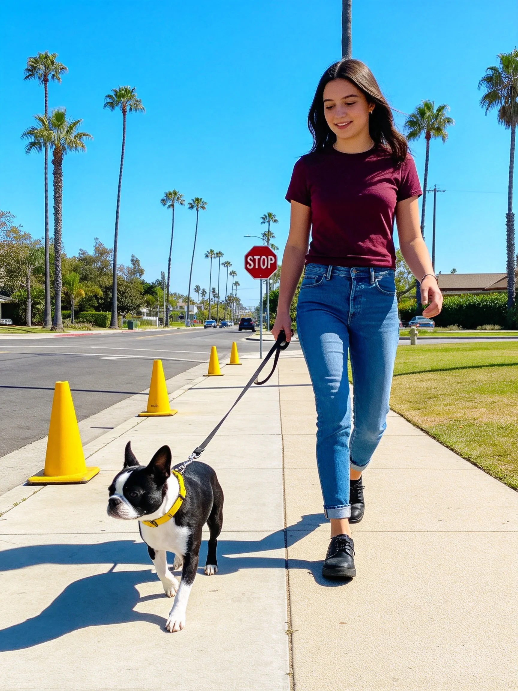 A woman walks her Boston Terrier along a sidewalk with yellow cones nearby.
