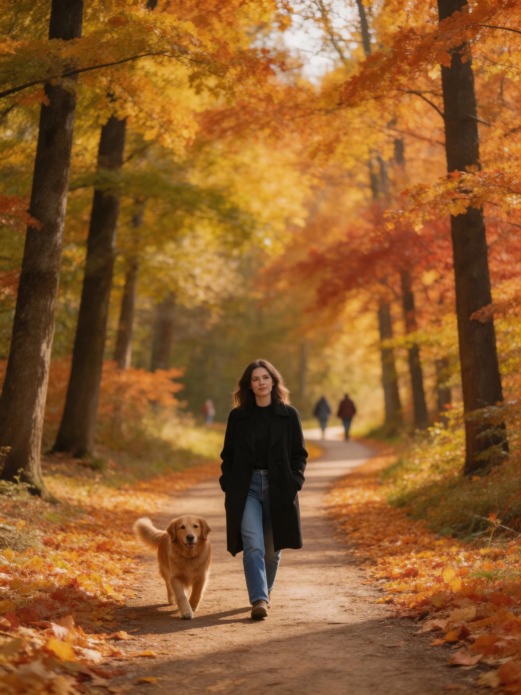 A woman walks her dog along a leafy autumn forest path.