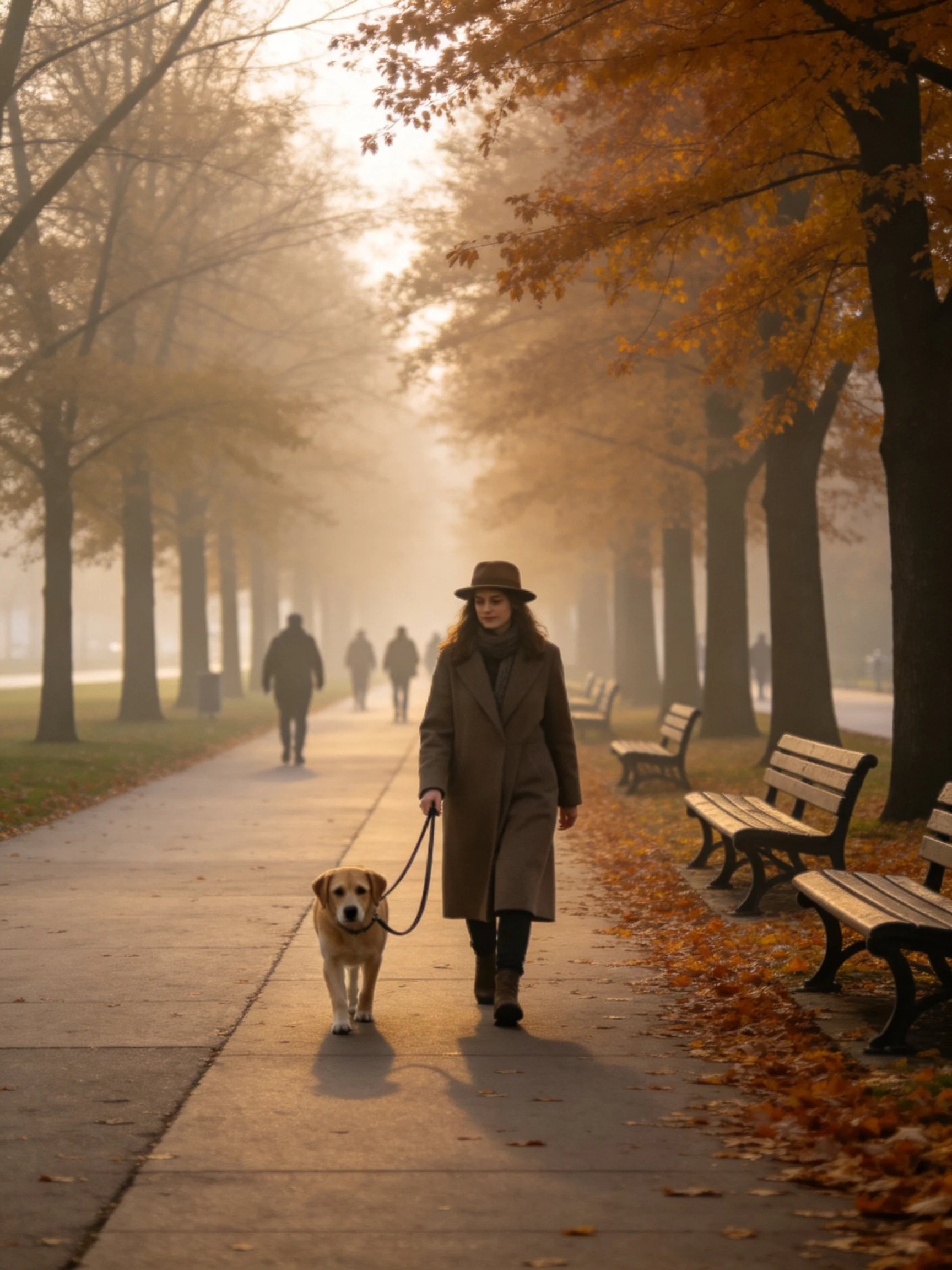 A woman walks her golden retriever along a foggy, tree-lined autumn path.