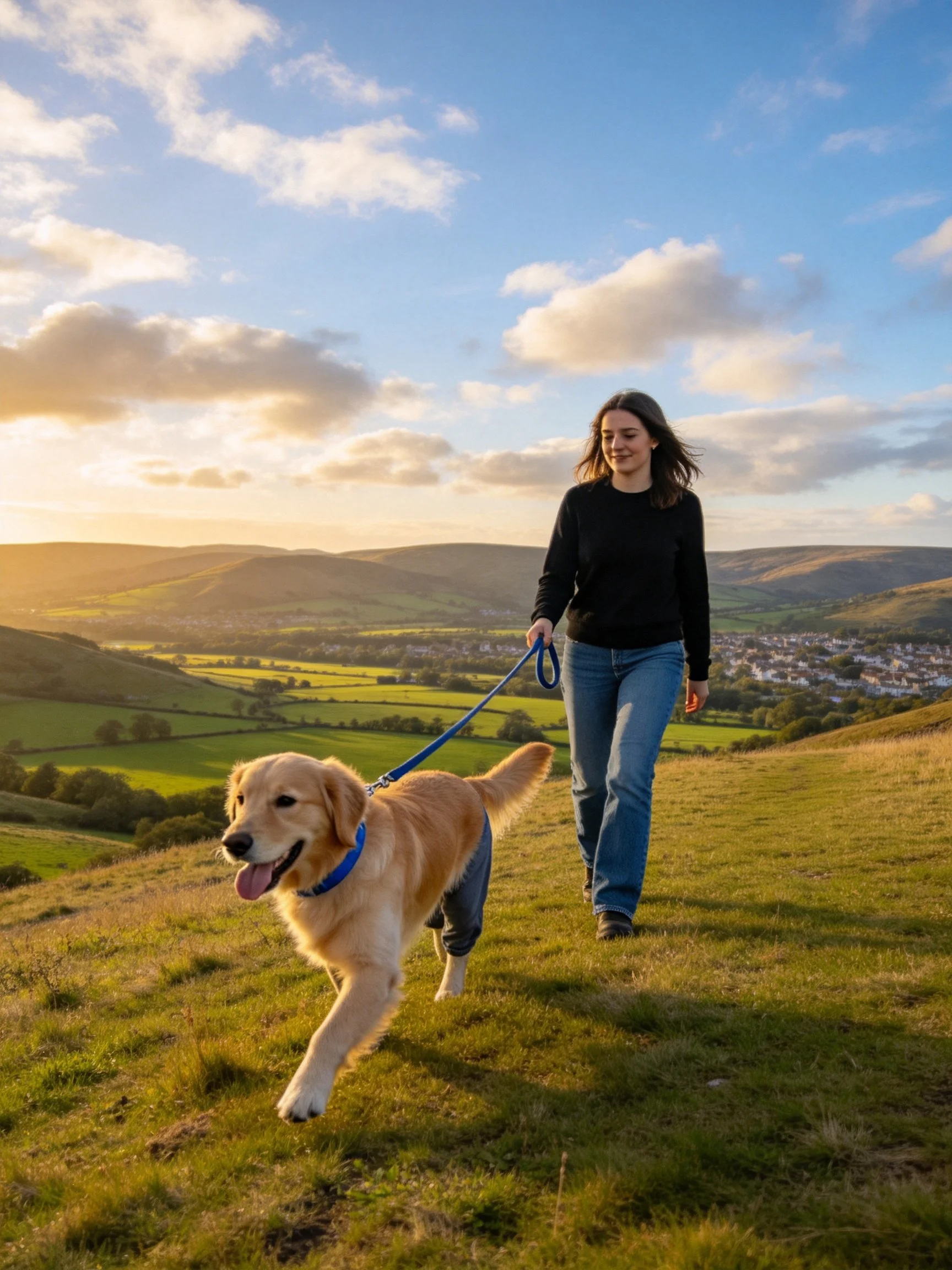 A woman walks her golden retriever in a scenic countryside landscape.
