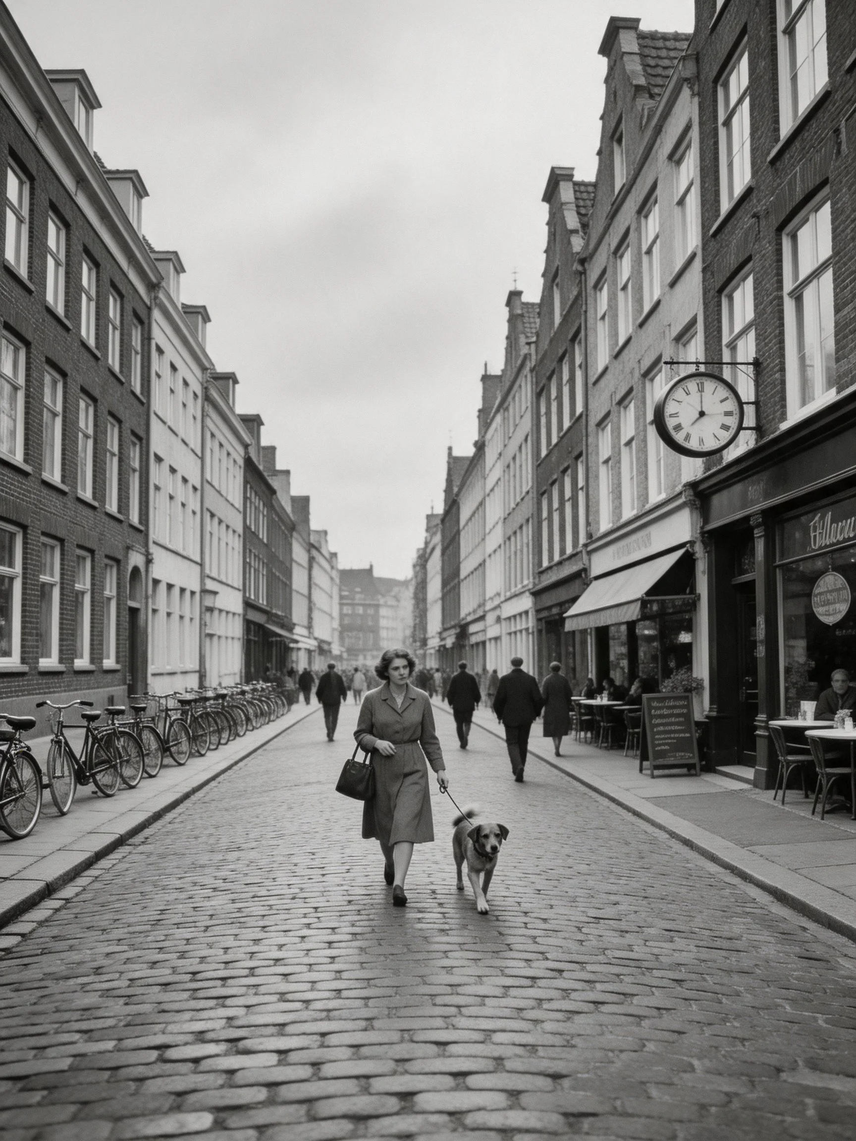 A woman walks her dog on a cobblestone street near old brick buildings