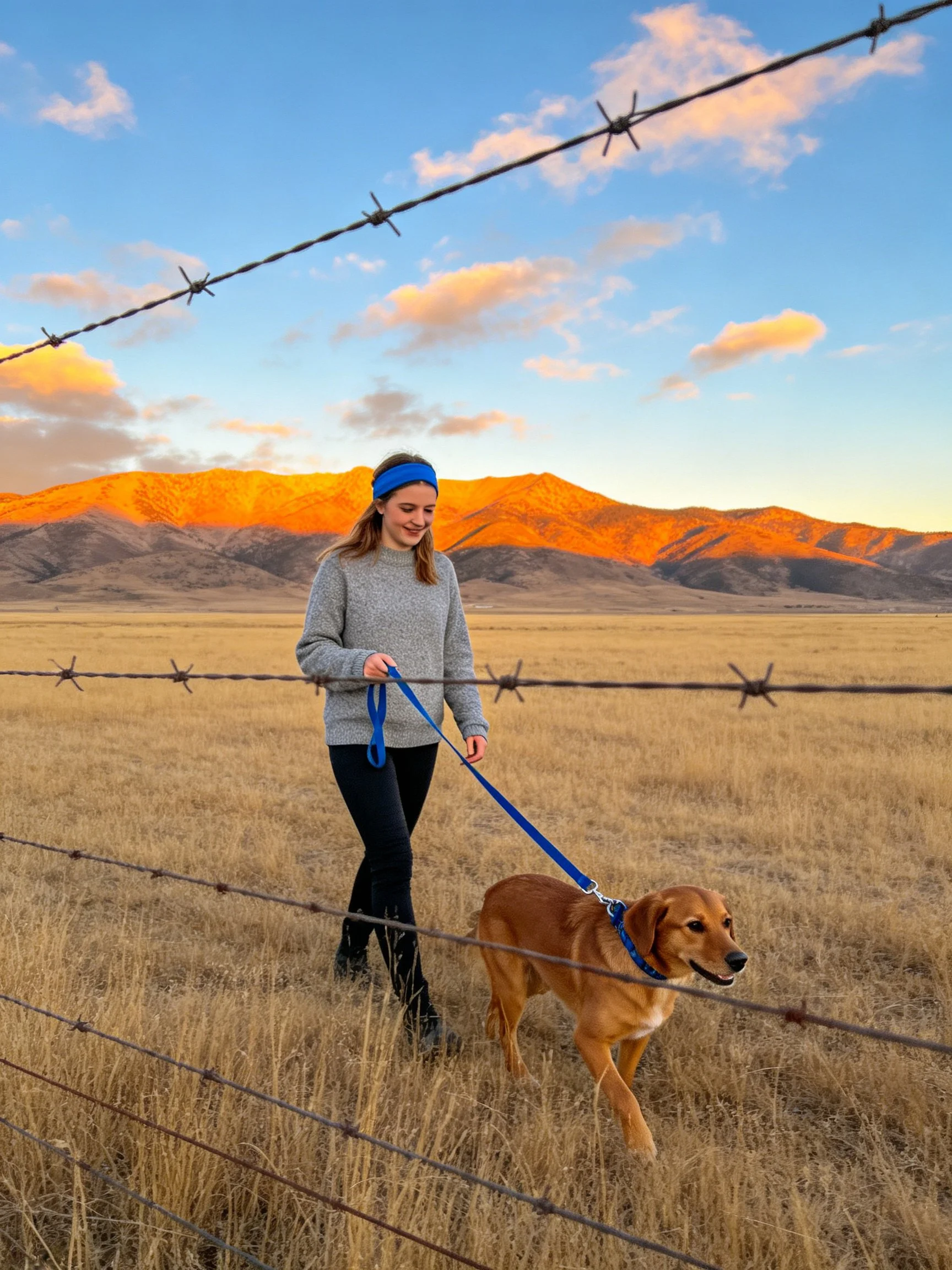 A woman walks her dog past barbed wire fences with illuminated mountains in the distance.