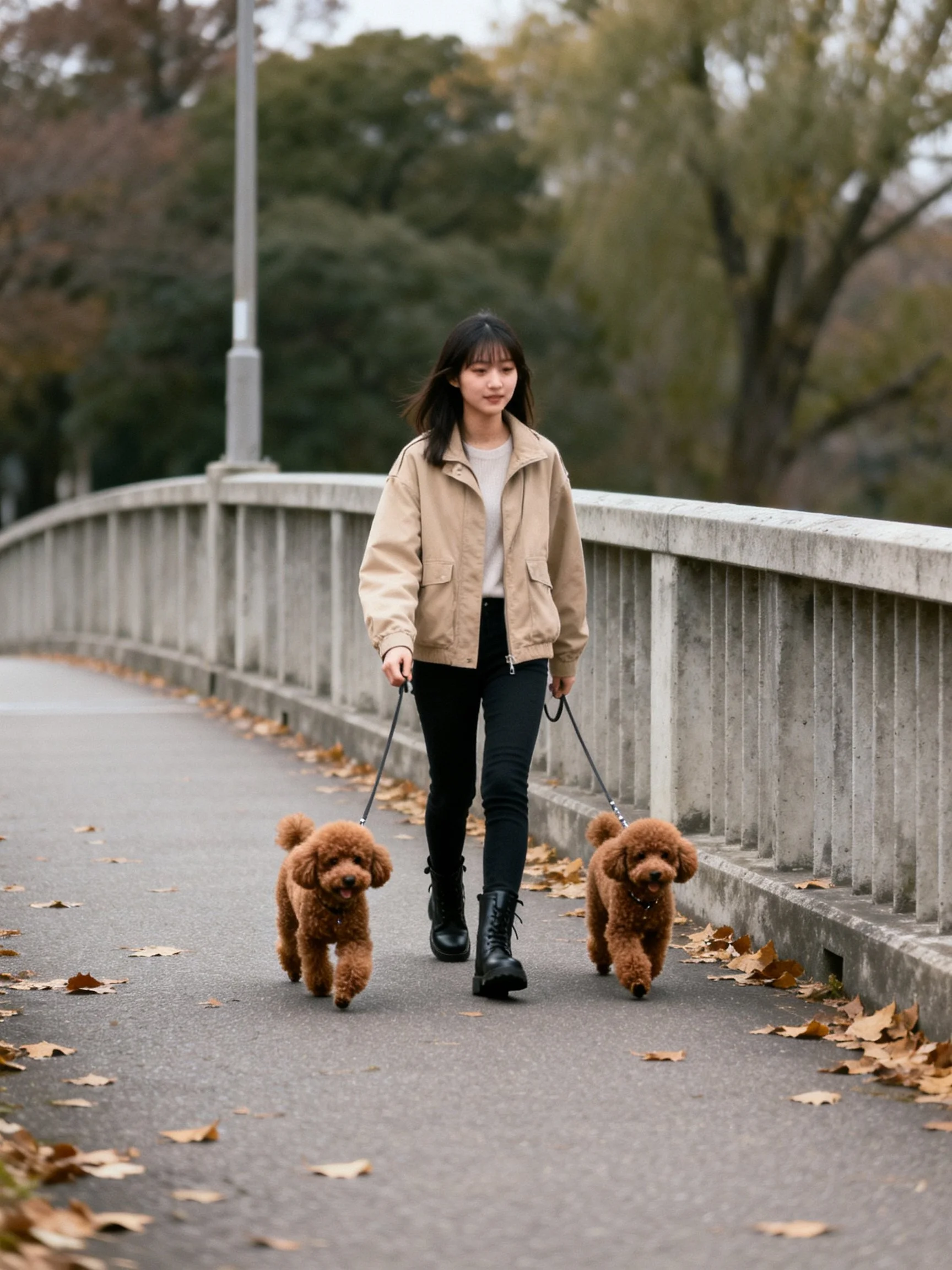 A woman walks two brown poodles on a leaf-strewn bridge
