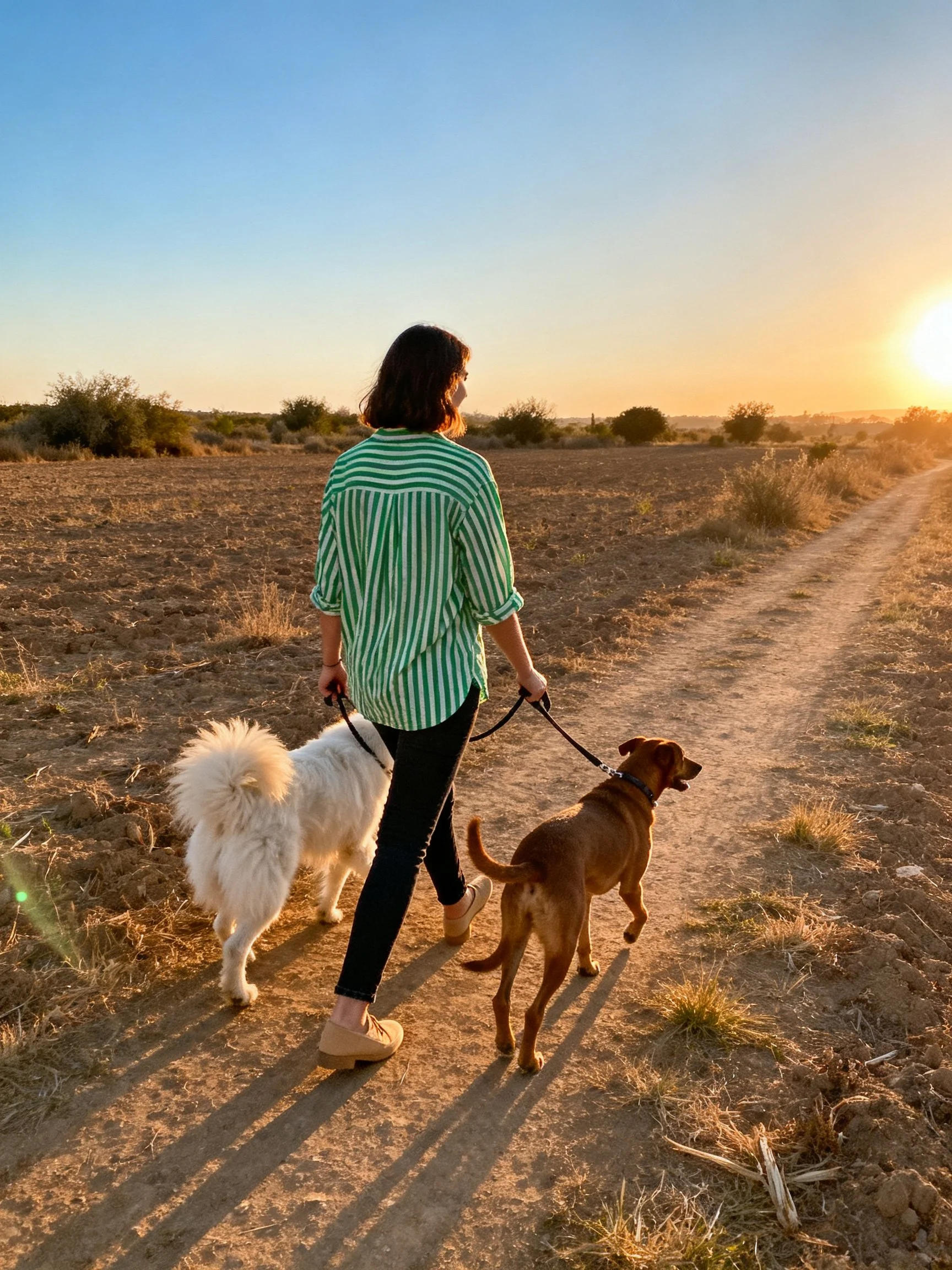 A woman walks two dogs along a dirt path during the golden hour.