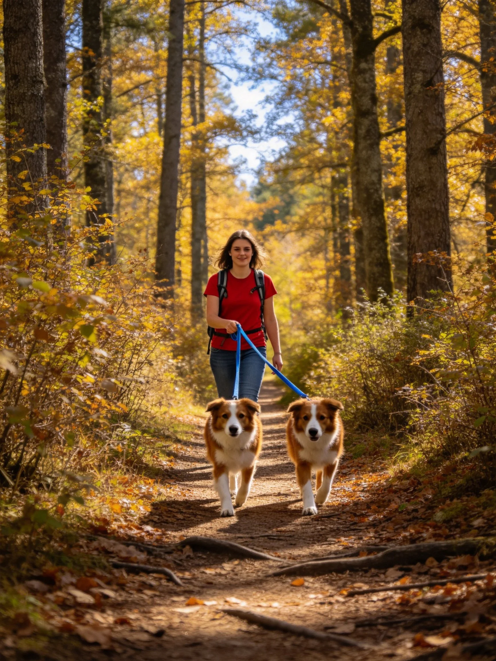 A woman walks two golden-brown dogs through a sunlit autumn forest.