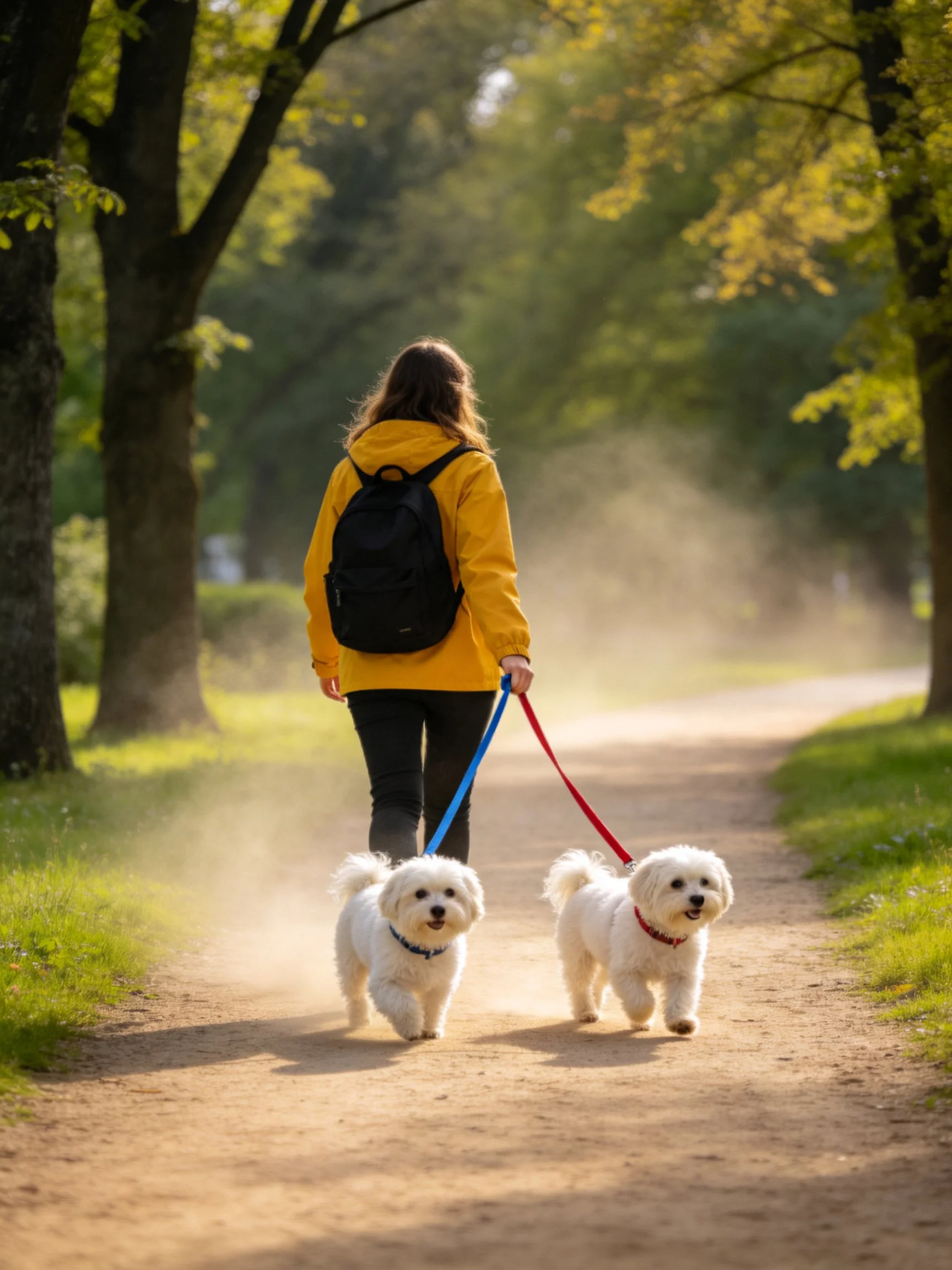 A woman walks two small white dogs on leashes down a sunlit park path.