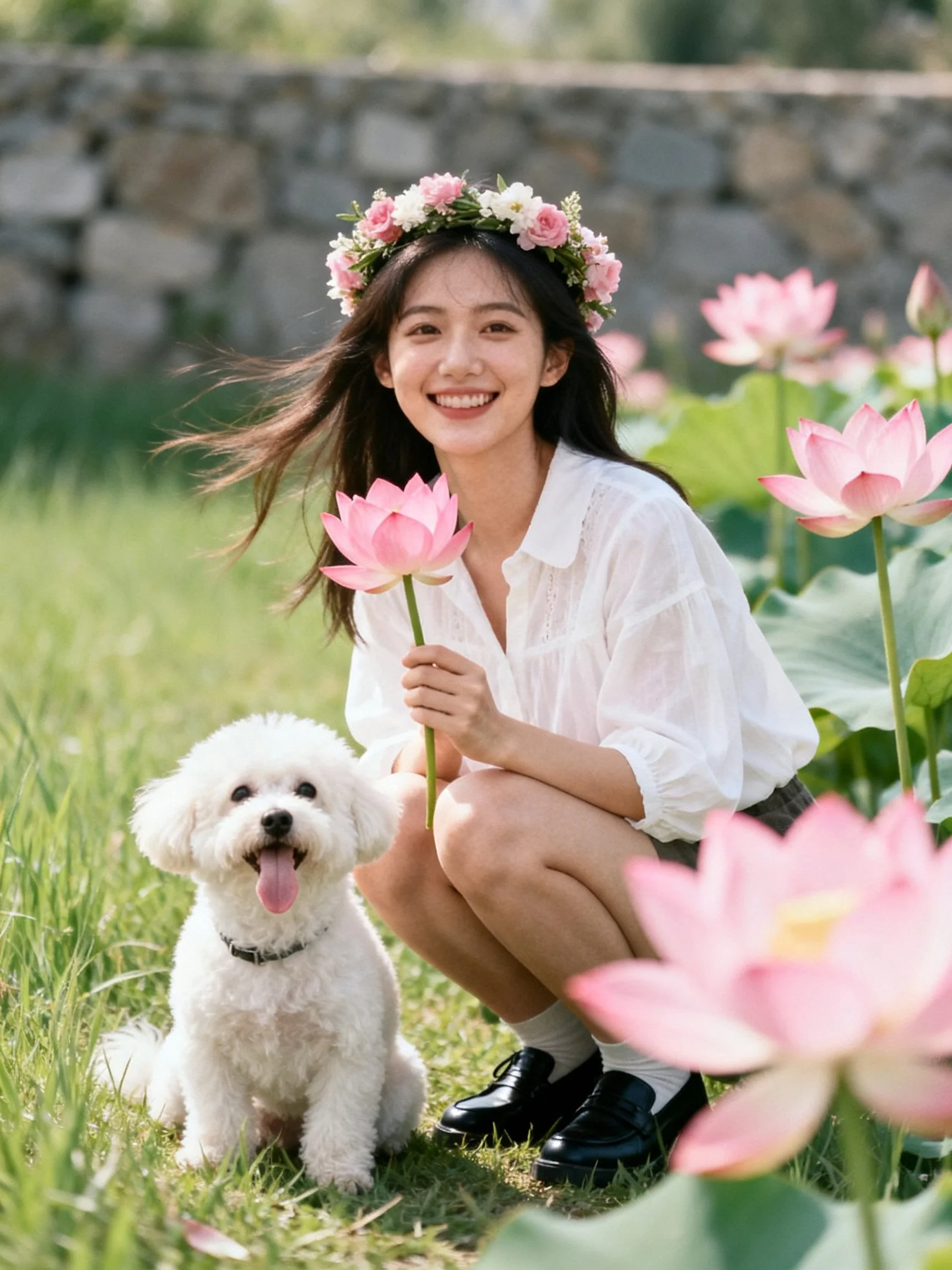 A woman with a flower crown poses near pink lotuses and a white dog