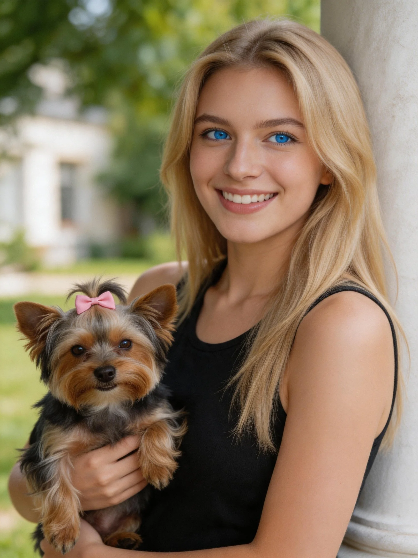A woman smiles while holding a small Yorkshire Terrier near a stone column outdoors.