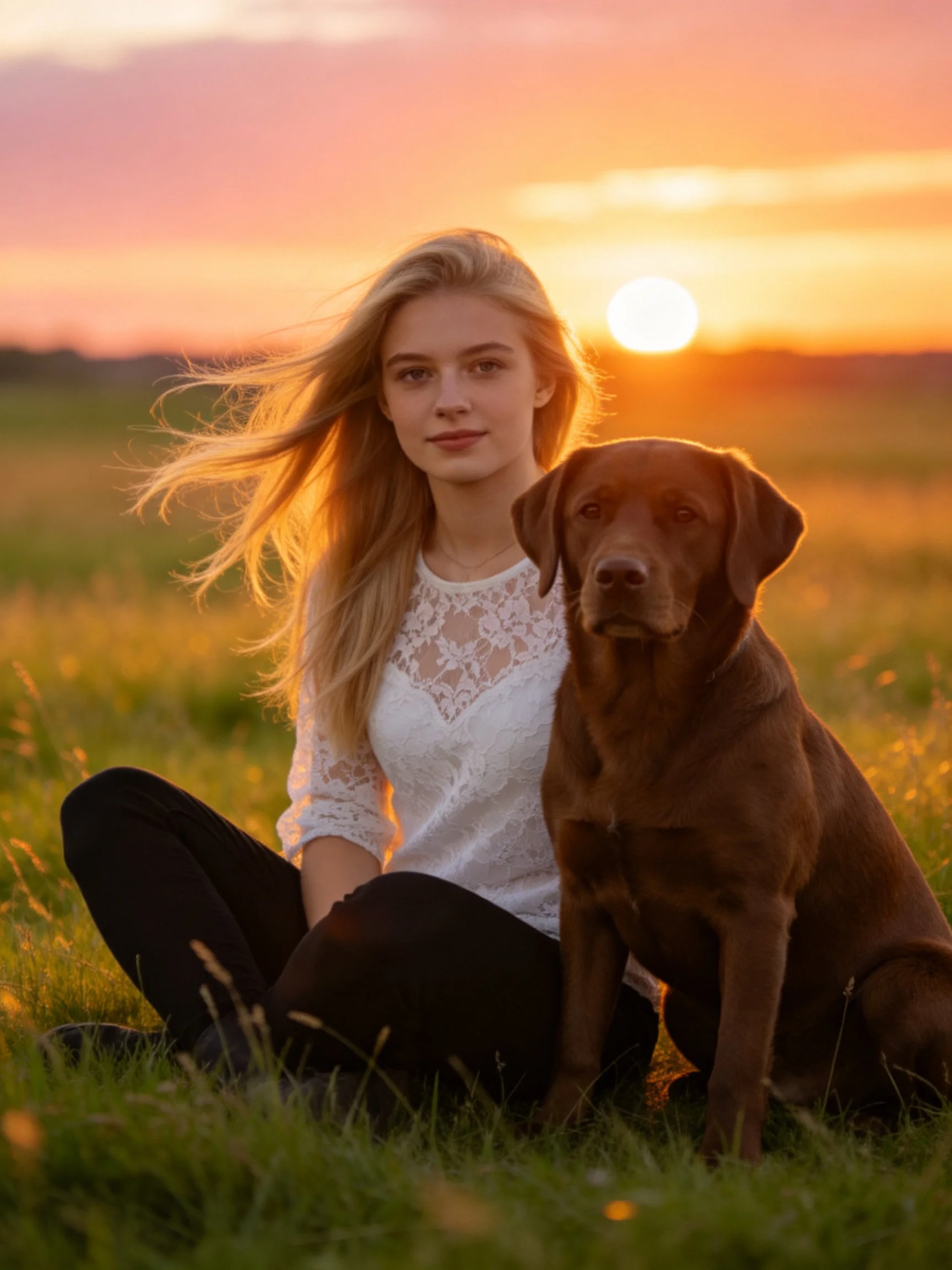 A woman and her brown dog sit together in a sunlit meadow during sunset.