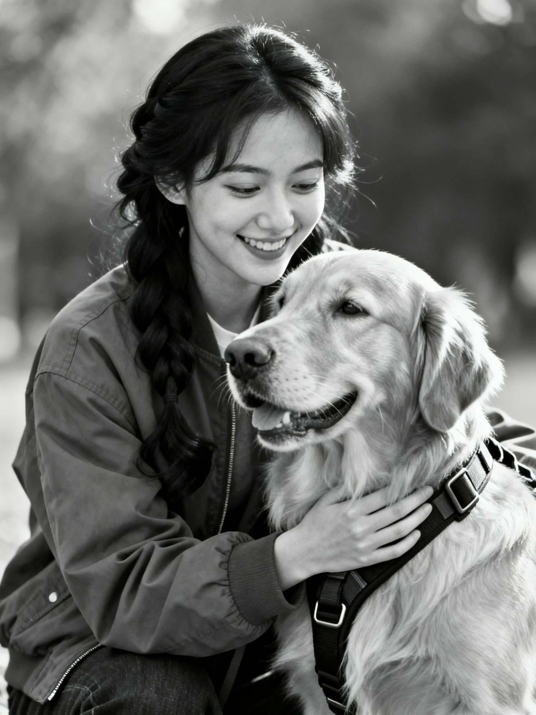 A woman smiles while interacting with a golden retriever in an outdoor black - and - white scene