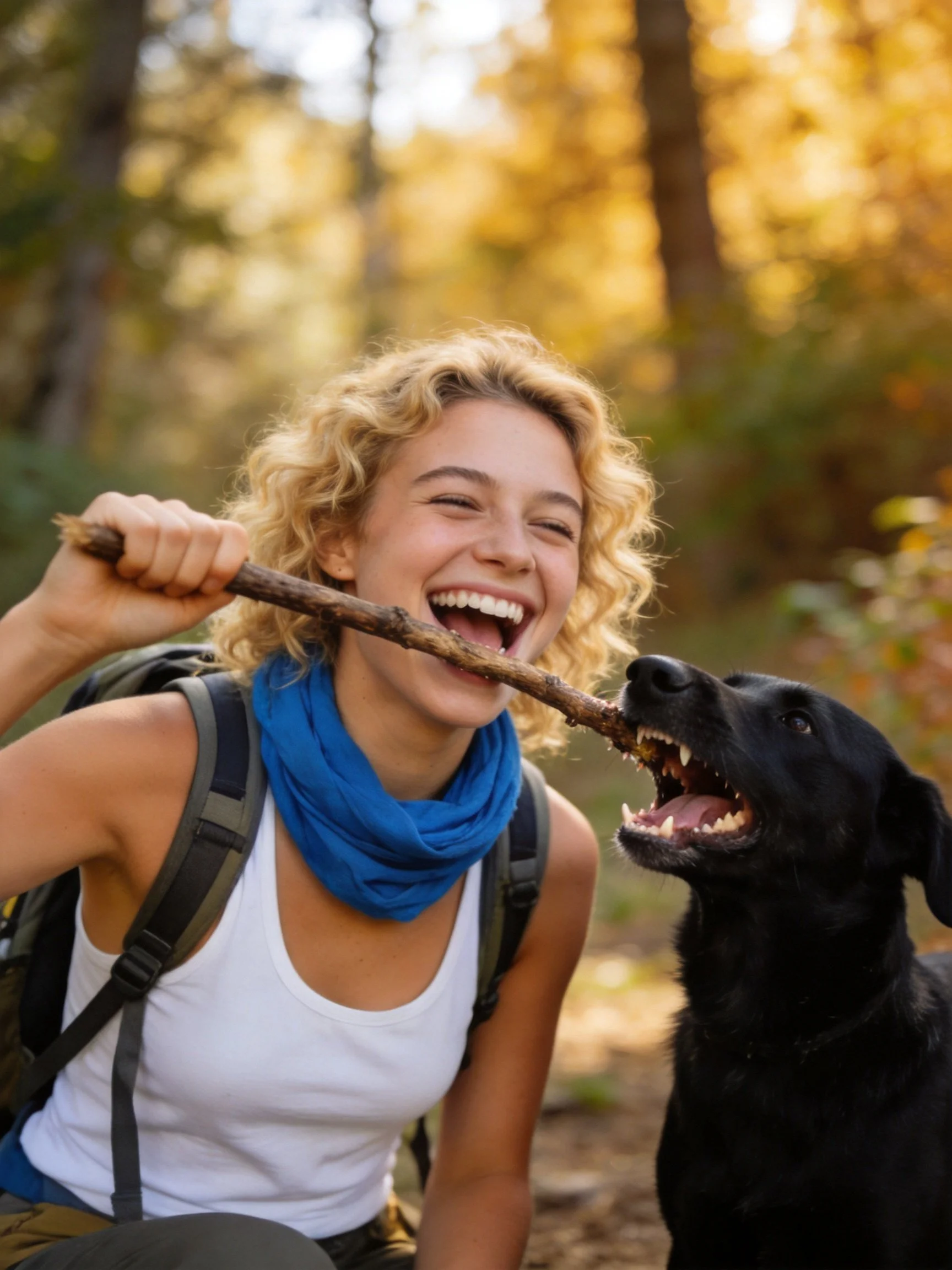 A woman joyfully interacts with a black dog using a stick in an outdoor forest setting.