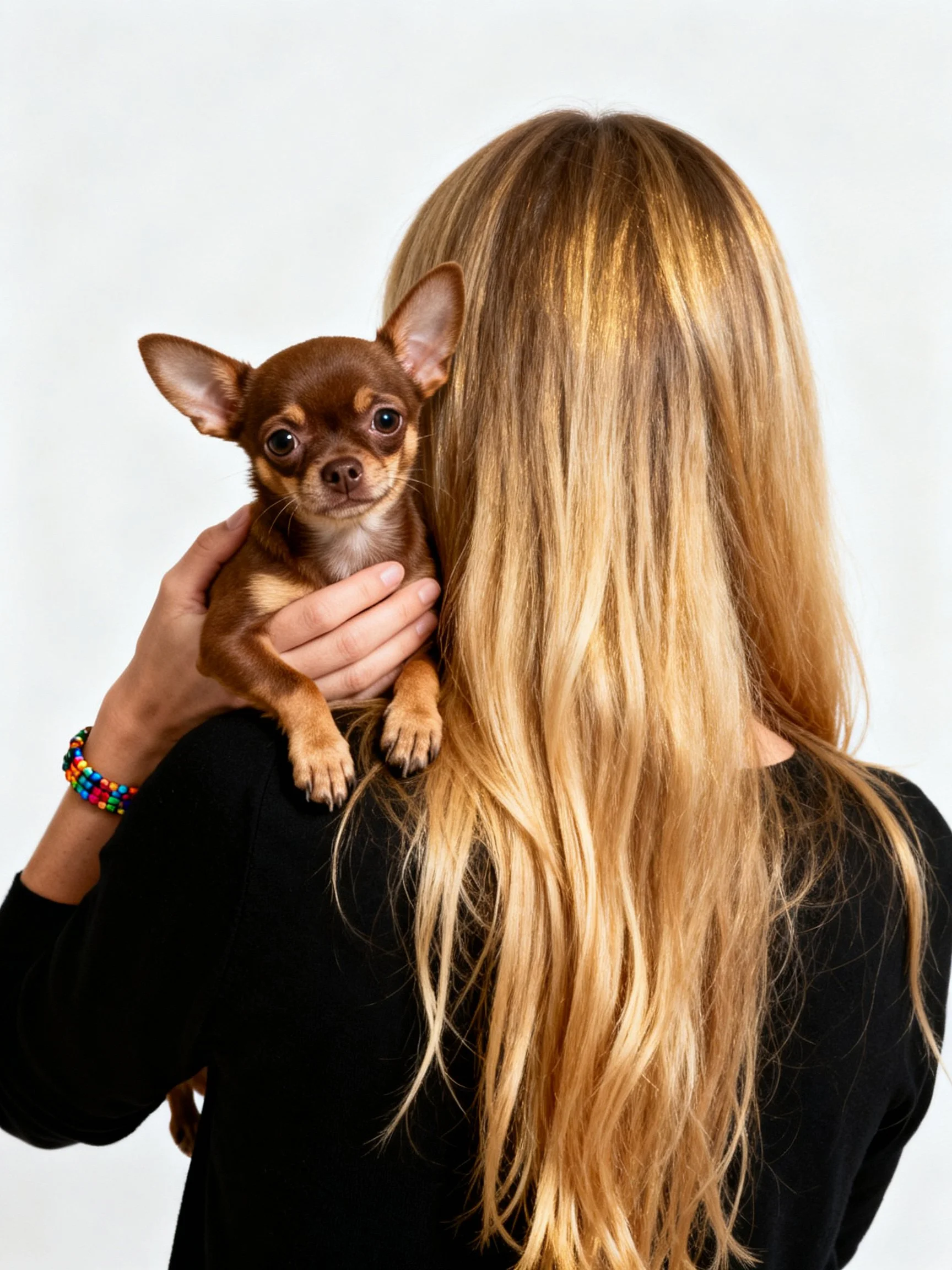 A woman with long blonde hair holds a small brown dog from behind