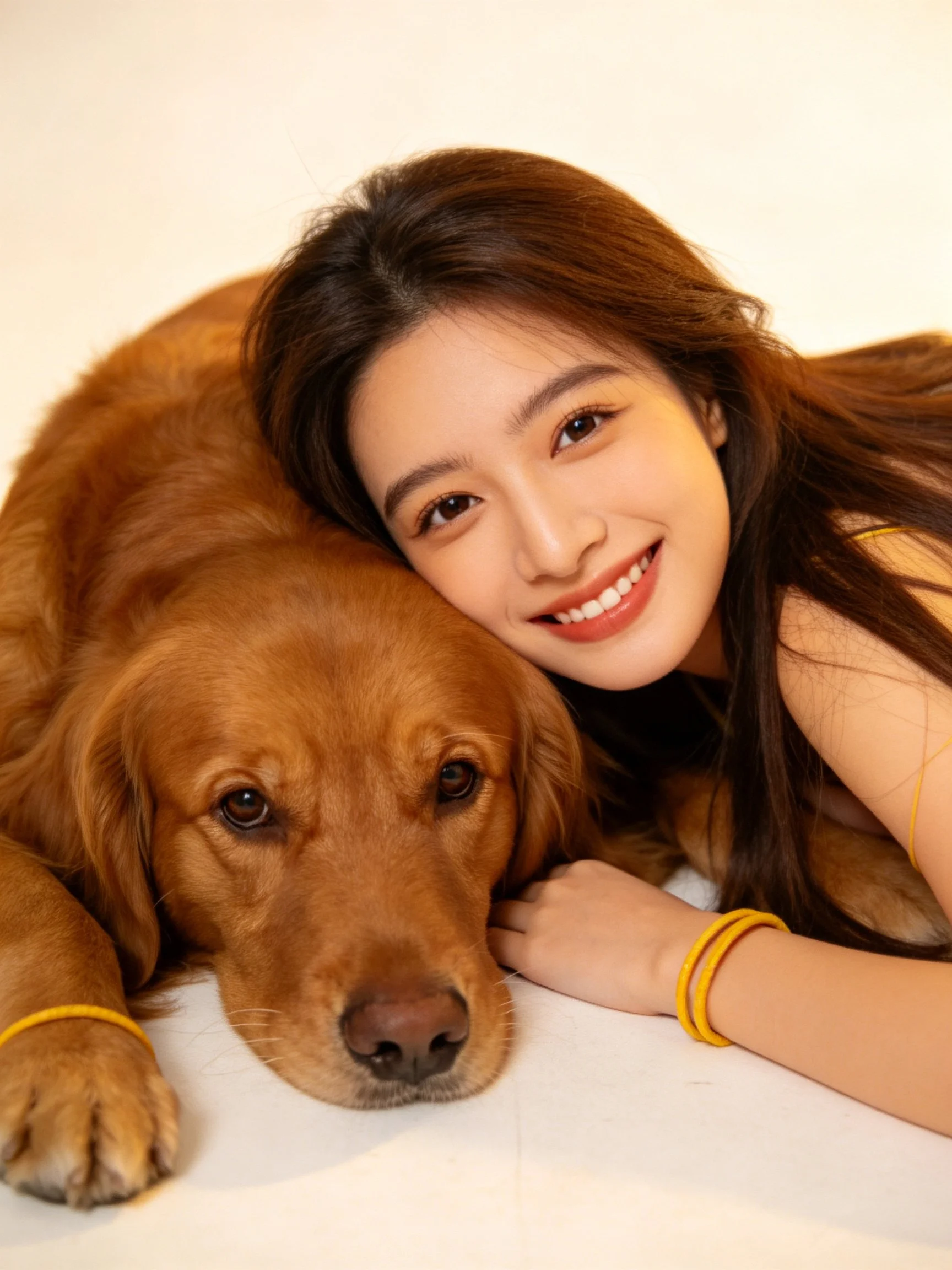 A woman cuddles a golden retriever closely on a white surface.