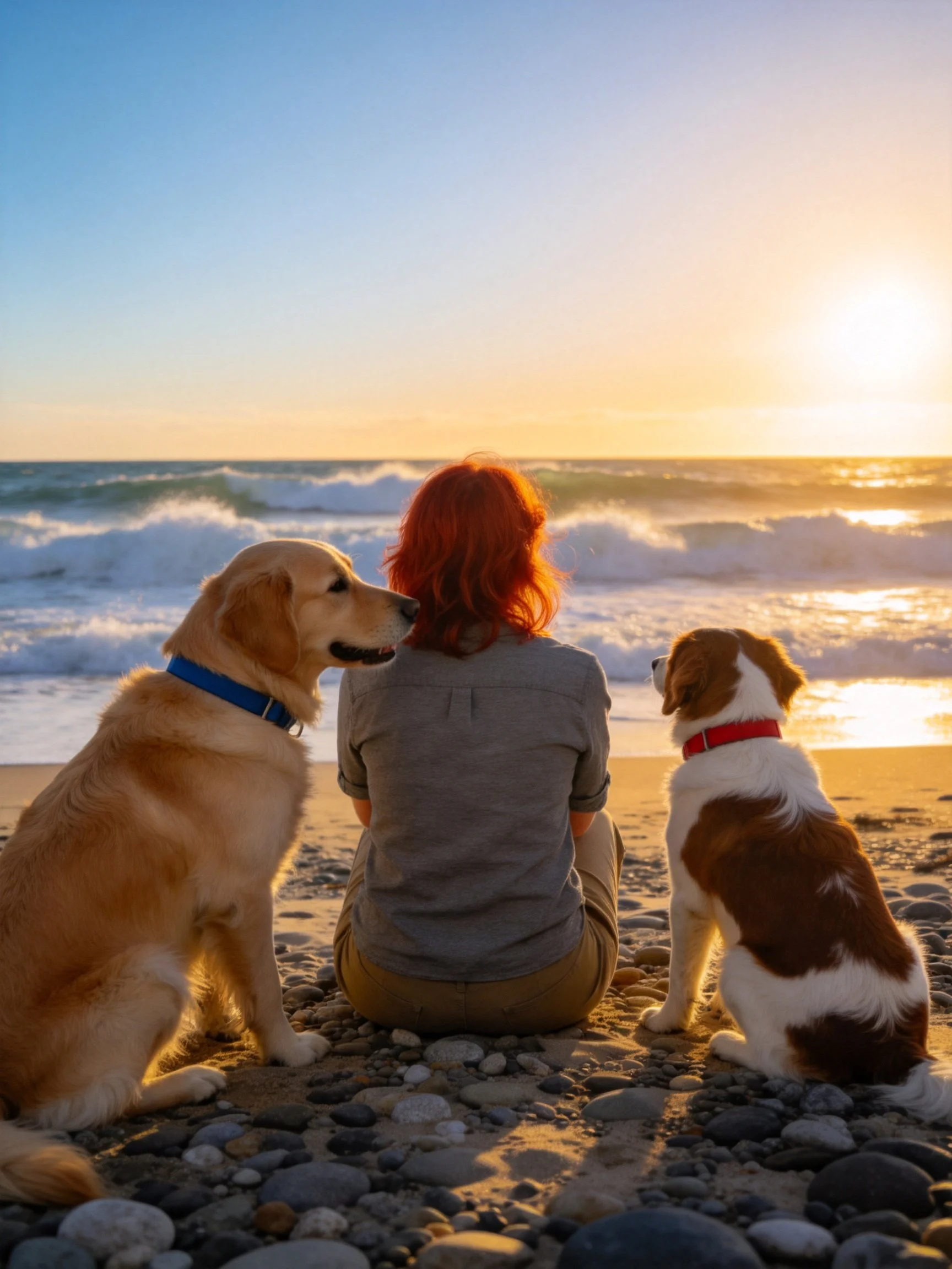 A woman with red hair sits on a pebbly beach with two dogs during sunset
