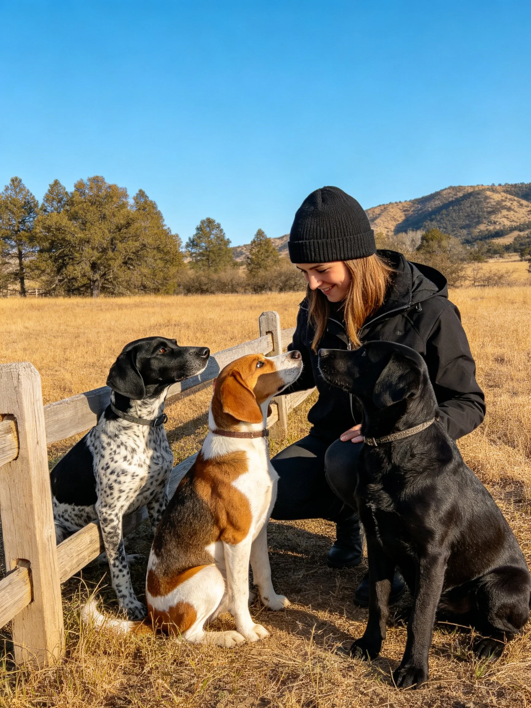 A woman interacts with three dogs near a wooden fence in a sunny field.