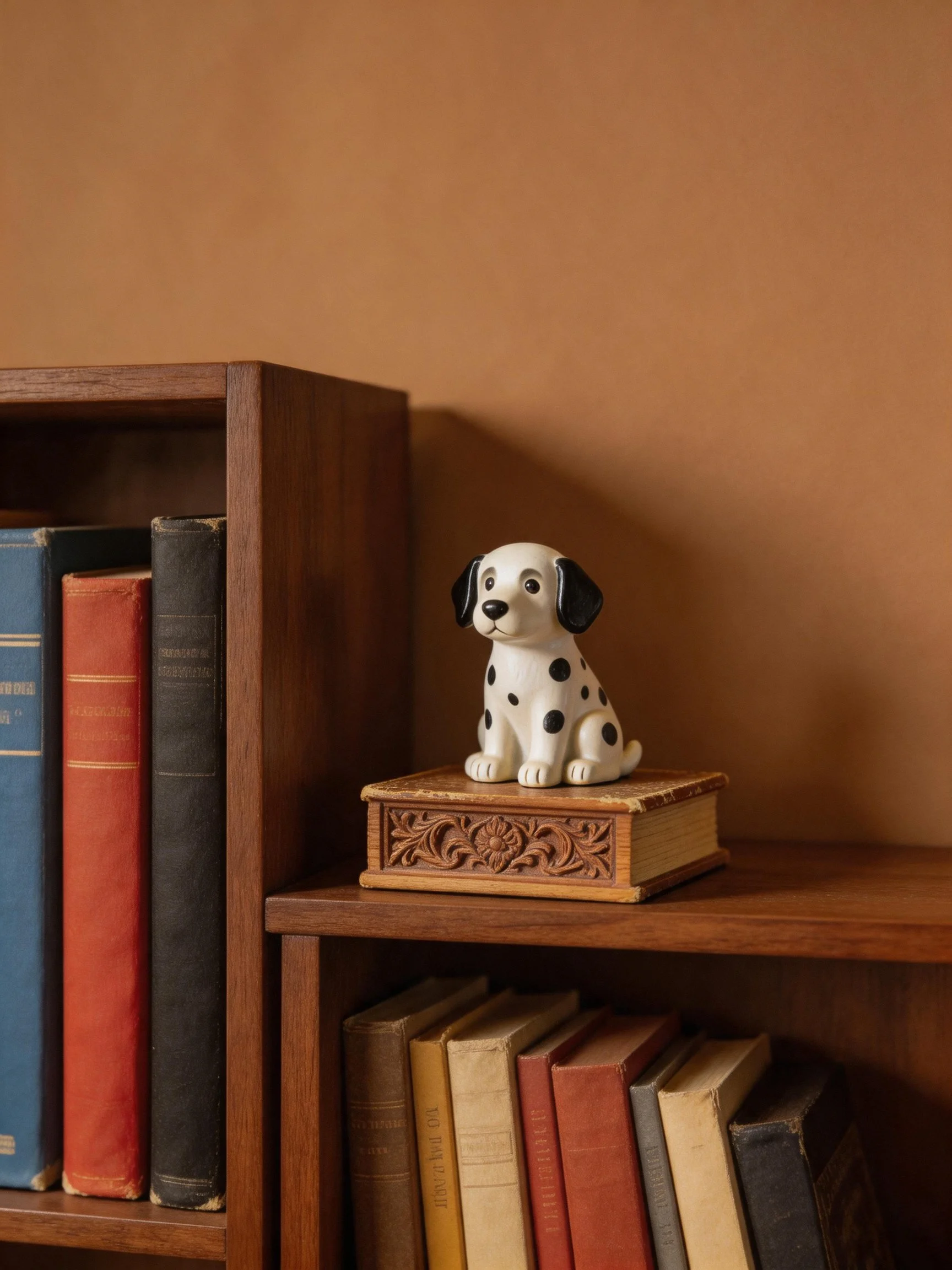 A wooden bookshelf displays books, a carved box, and a Dalmatian figurine