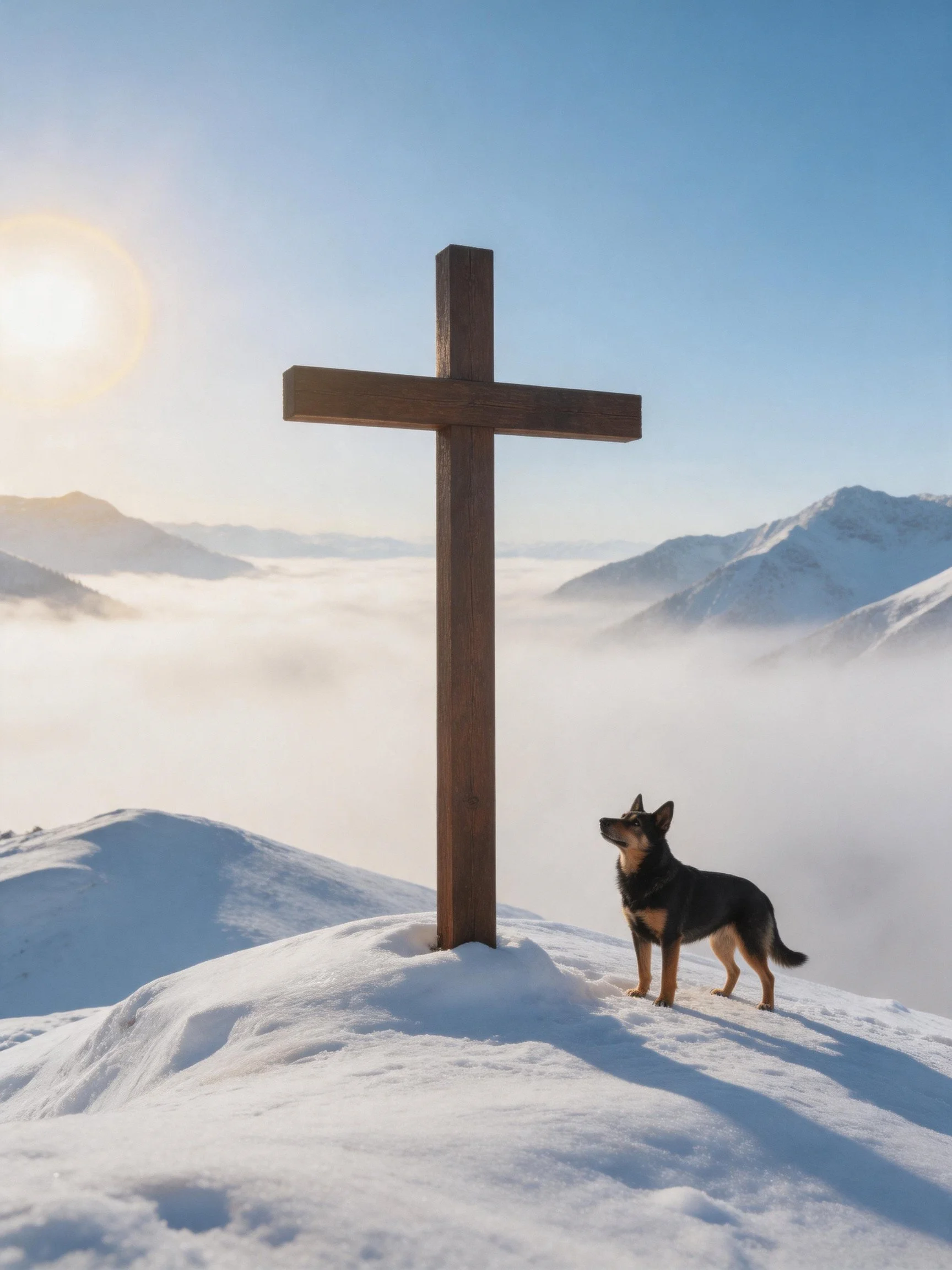 A wooden cross sits on a snowy mountaintop beside a dog, with misty mountains in the distance.