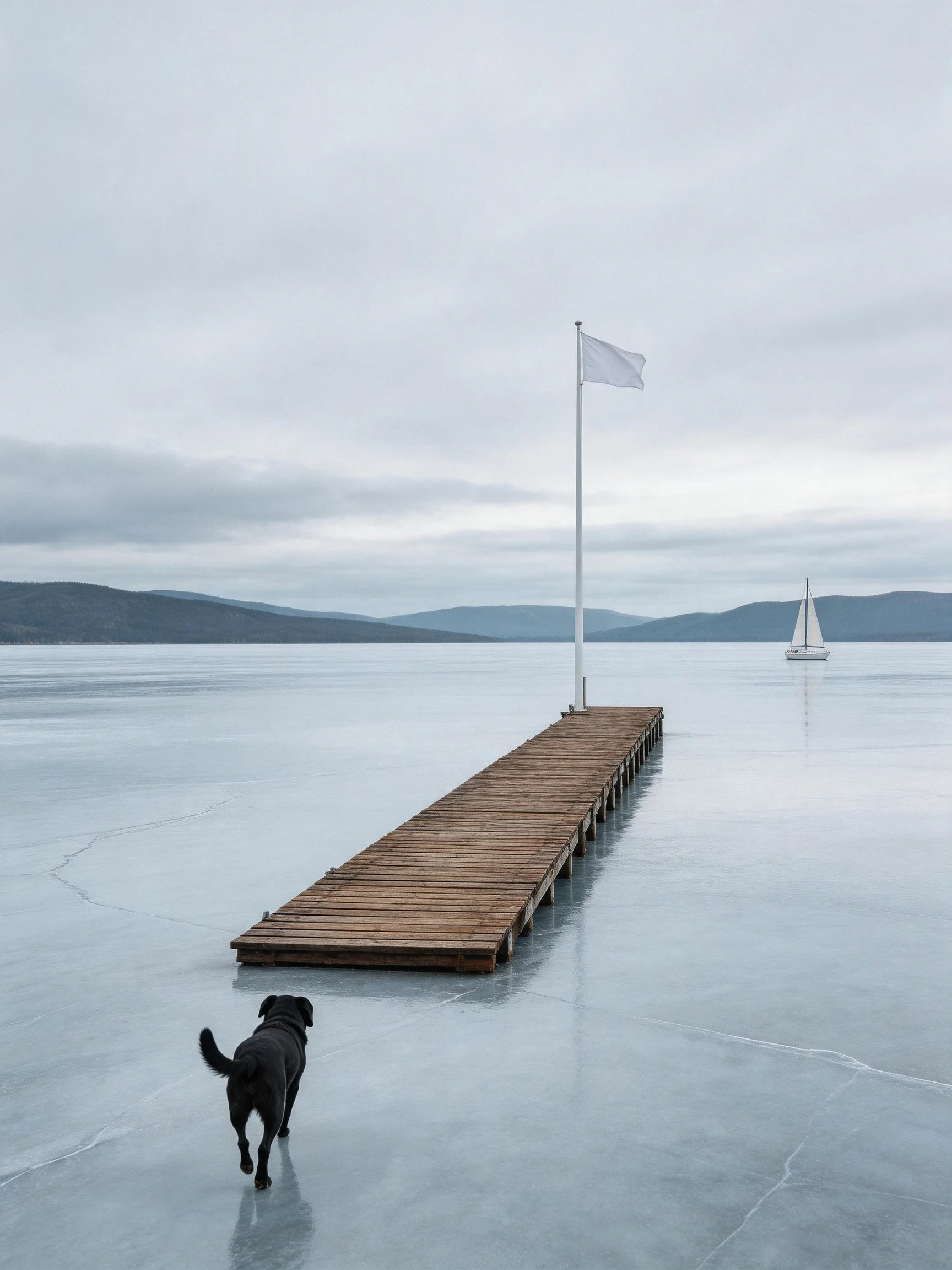 A wooden dock extends onto frozen water with a black dog nearby