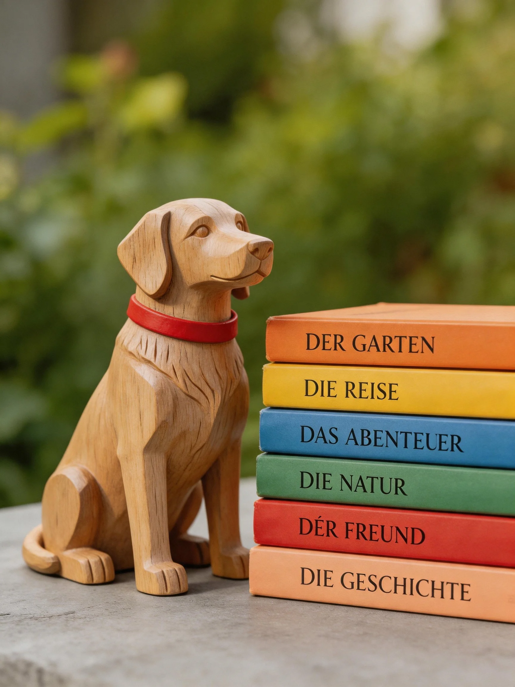A wooden dog figurine sits next to a stack of colored books displaying German text.