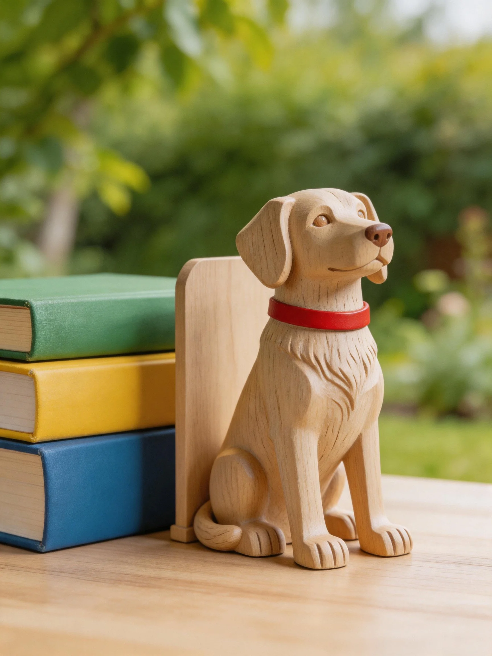 A wooden dog-shaped bookend beside stacked colored books in a garden