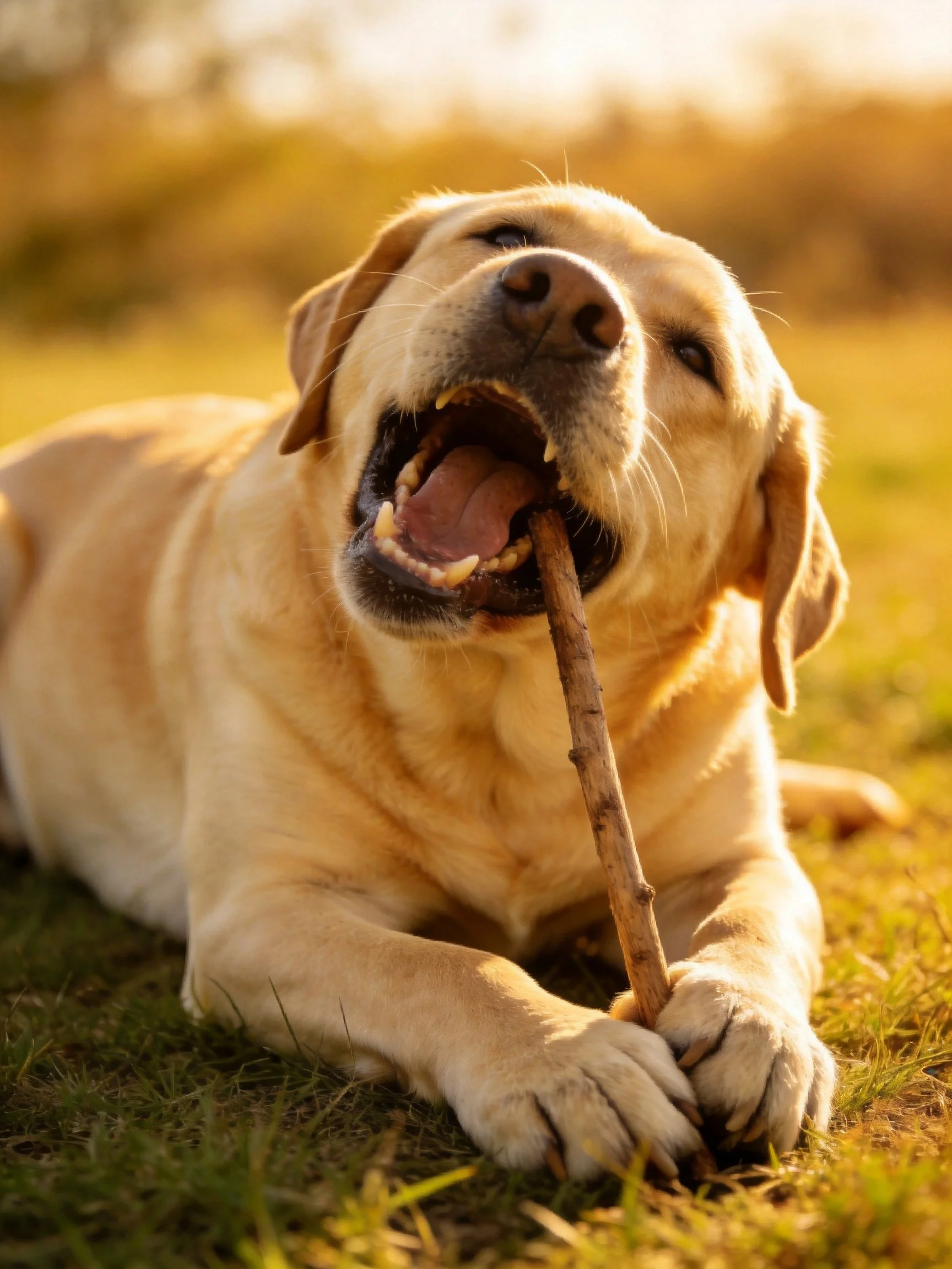 A yellow Labrador Retriever chews a wooden stick while resting on grass.
