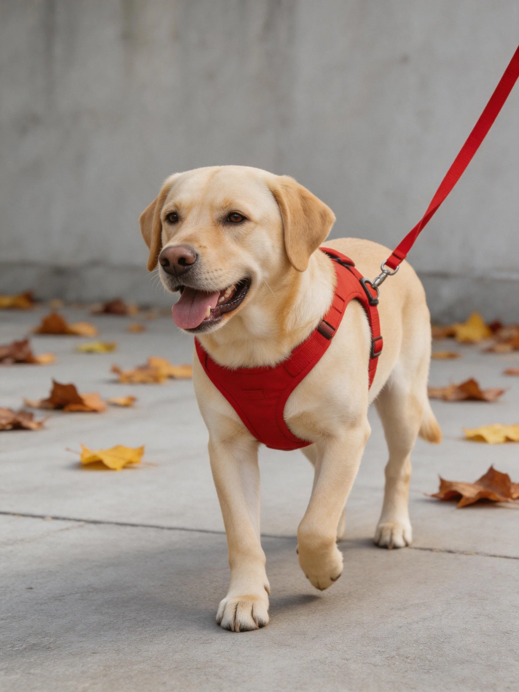 A yellow Labrador Retriever walks on a leaf-covered sidewalk with a red harness.