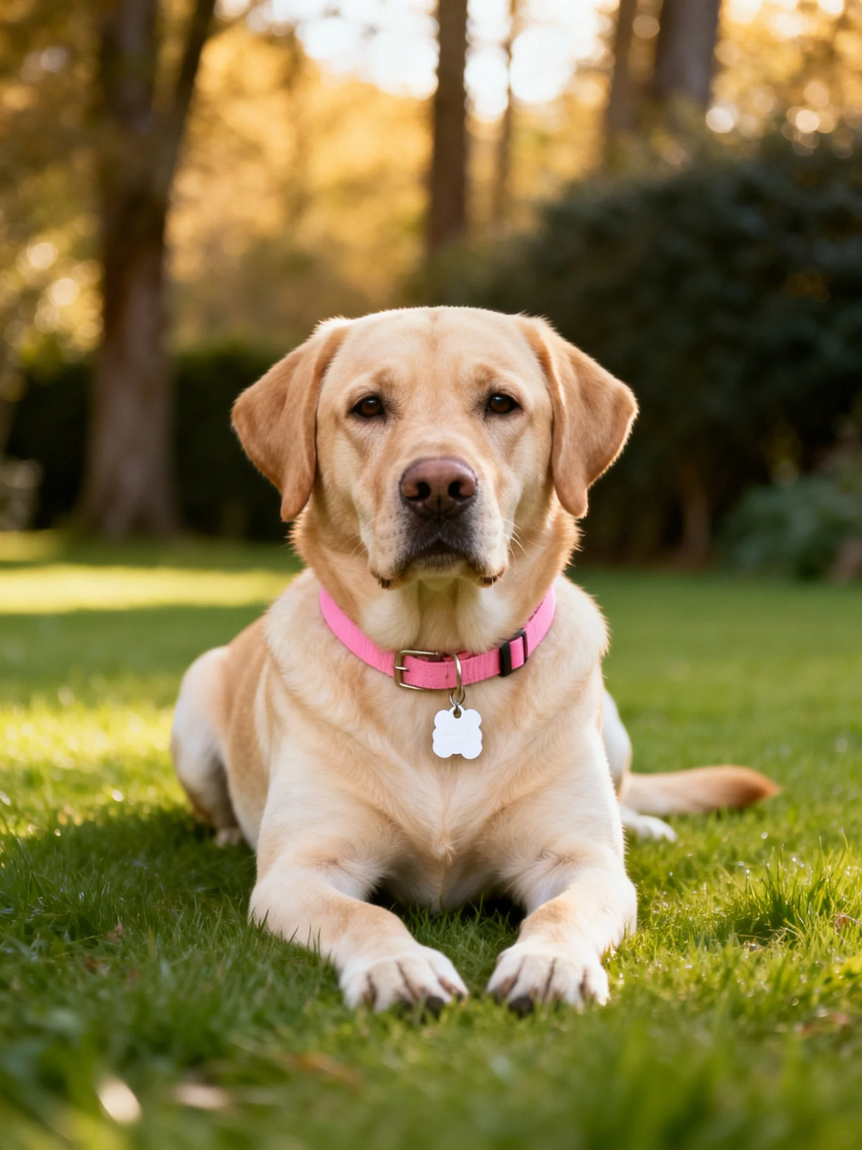 A yellow Labrador Retriever rests on a grassy lawn in a natural outdoor setting.