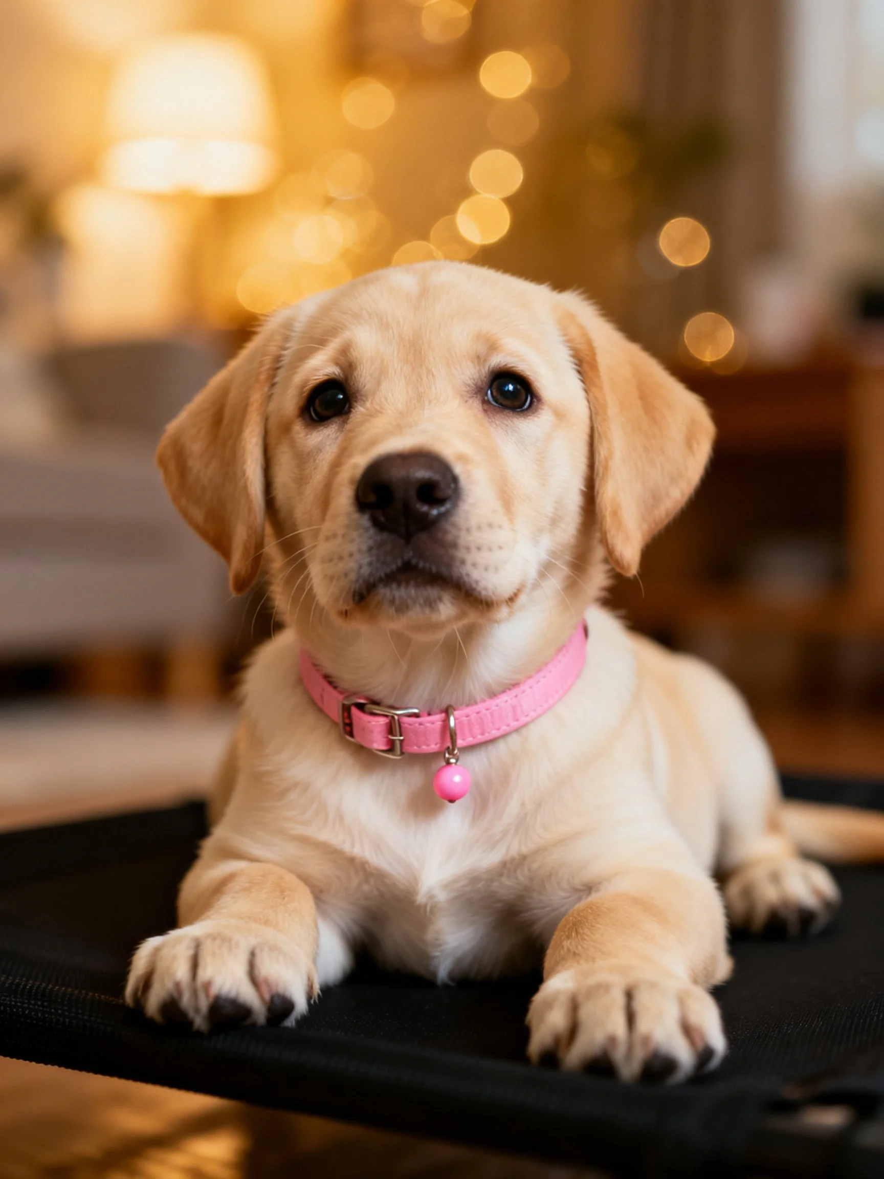 A yellow Labrador puppy rests calmly with a pink collar in a warmly lit room.