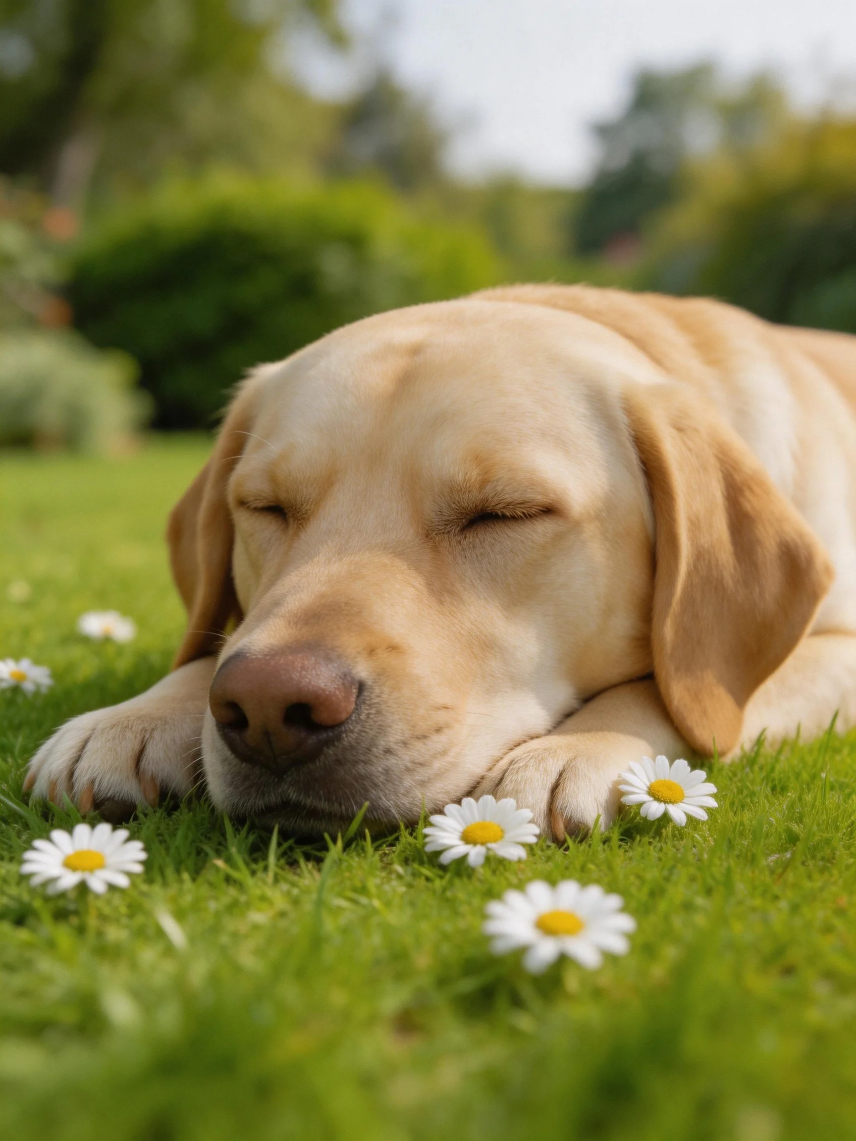 A yellow Labrador sleeps peacefully amid white daisies on green grass.
