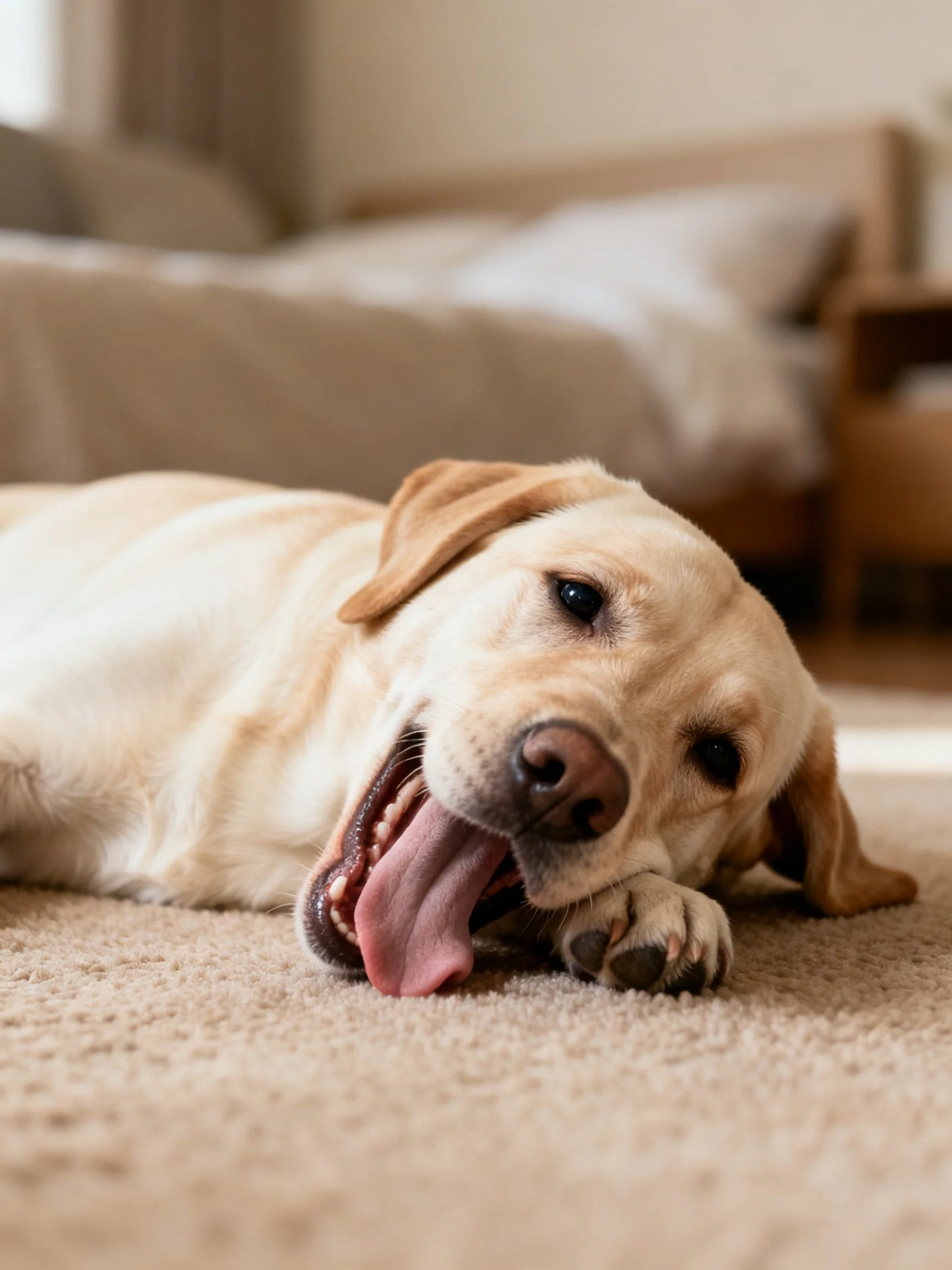 A yellow Labrador relaxes on a carpeted floor in a softly lit bedroom
