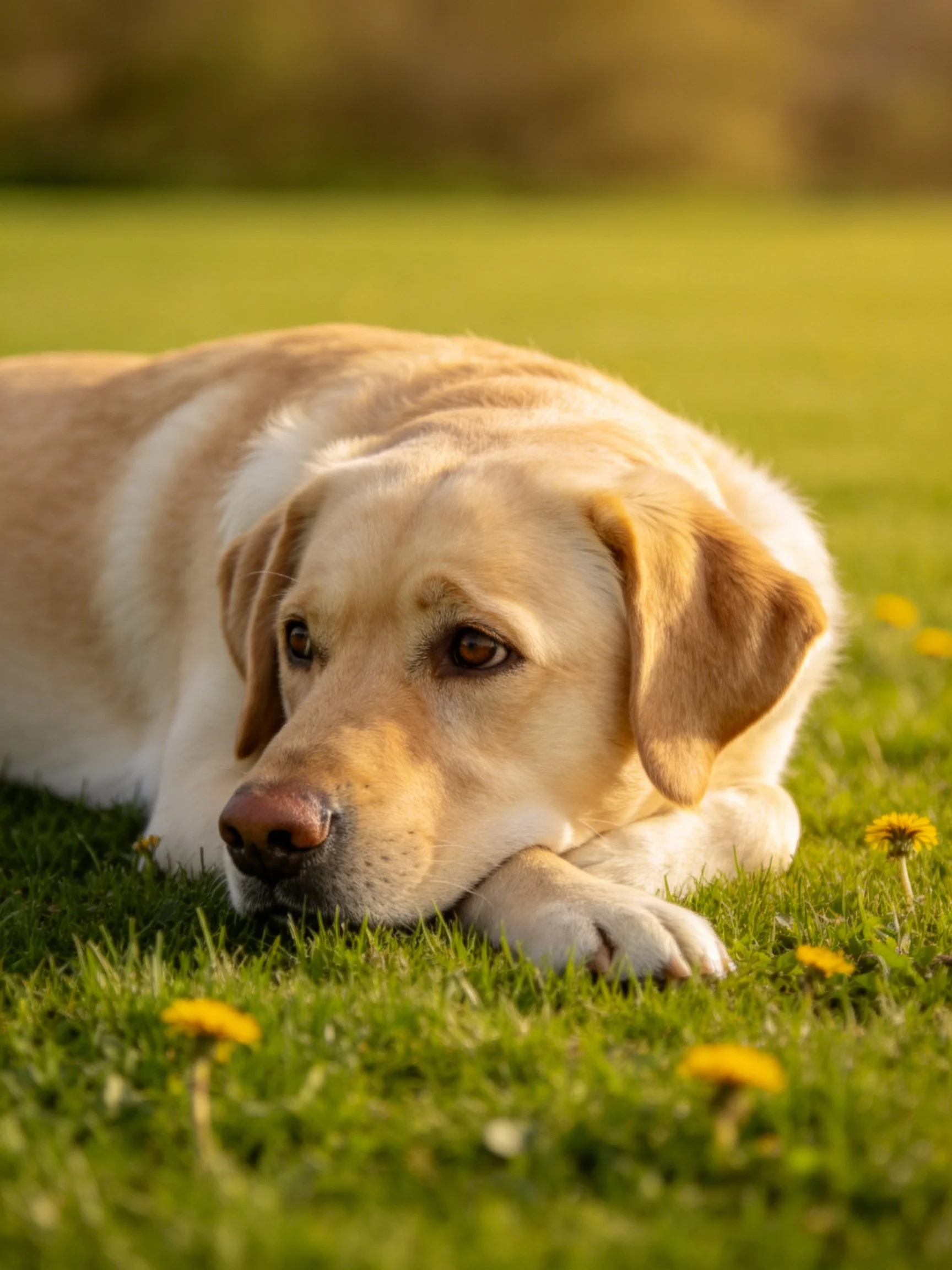 A yellow Labrador relaxes among dandelions on green grass.