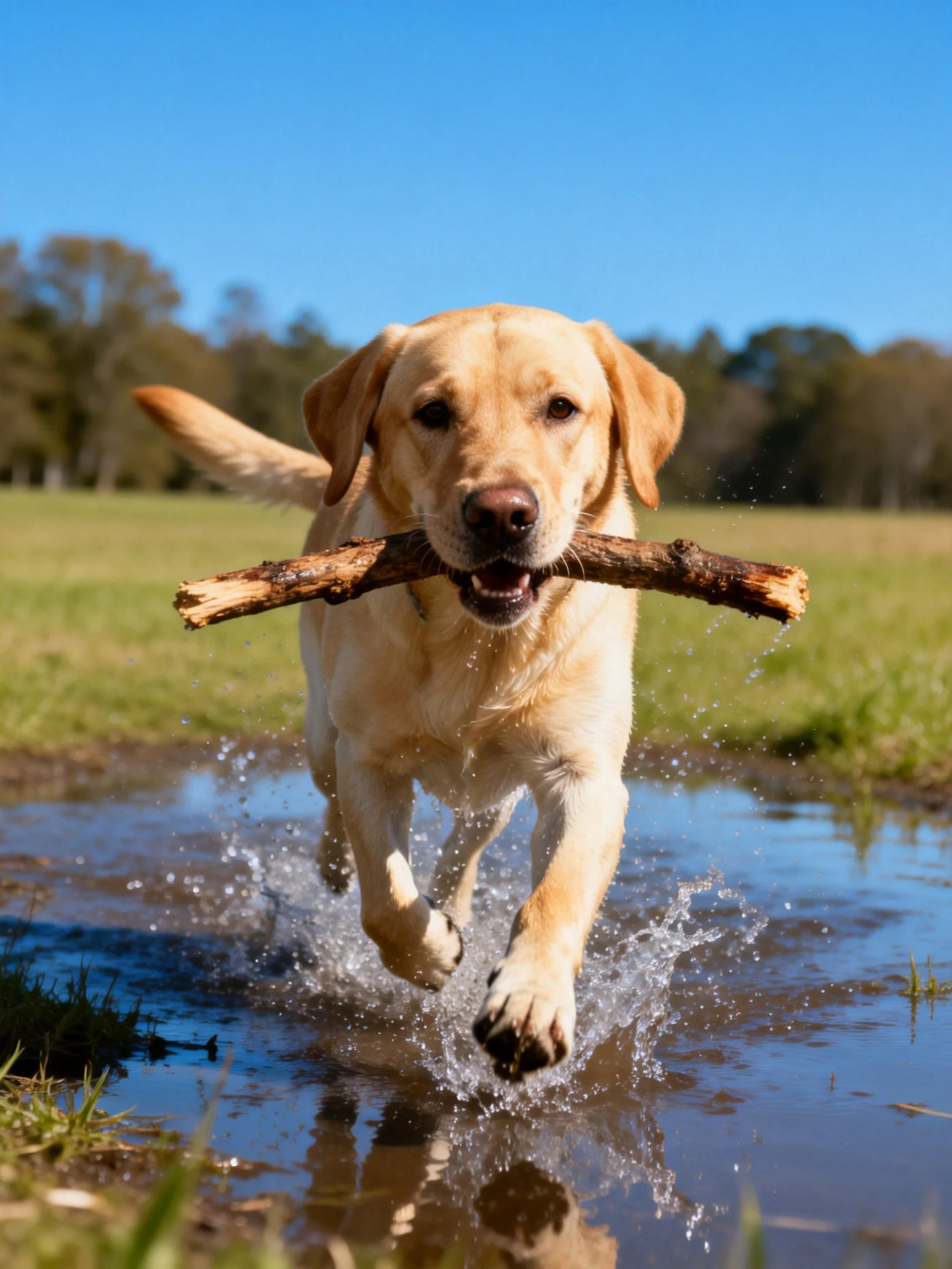 A yellow Labrador retriever carries a large brown stick through a shallow puddle