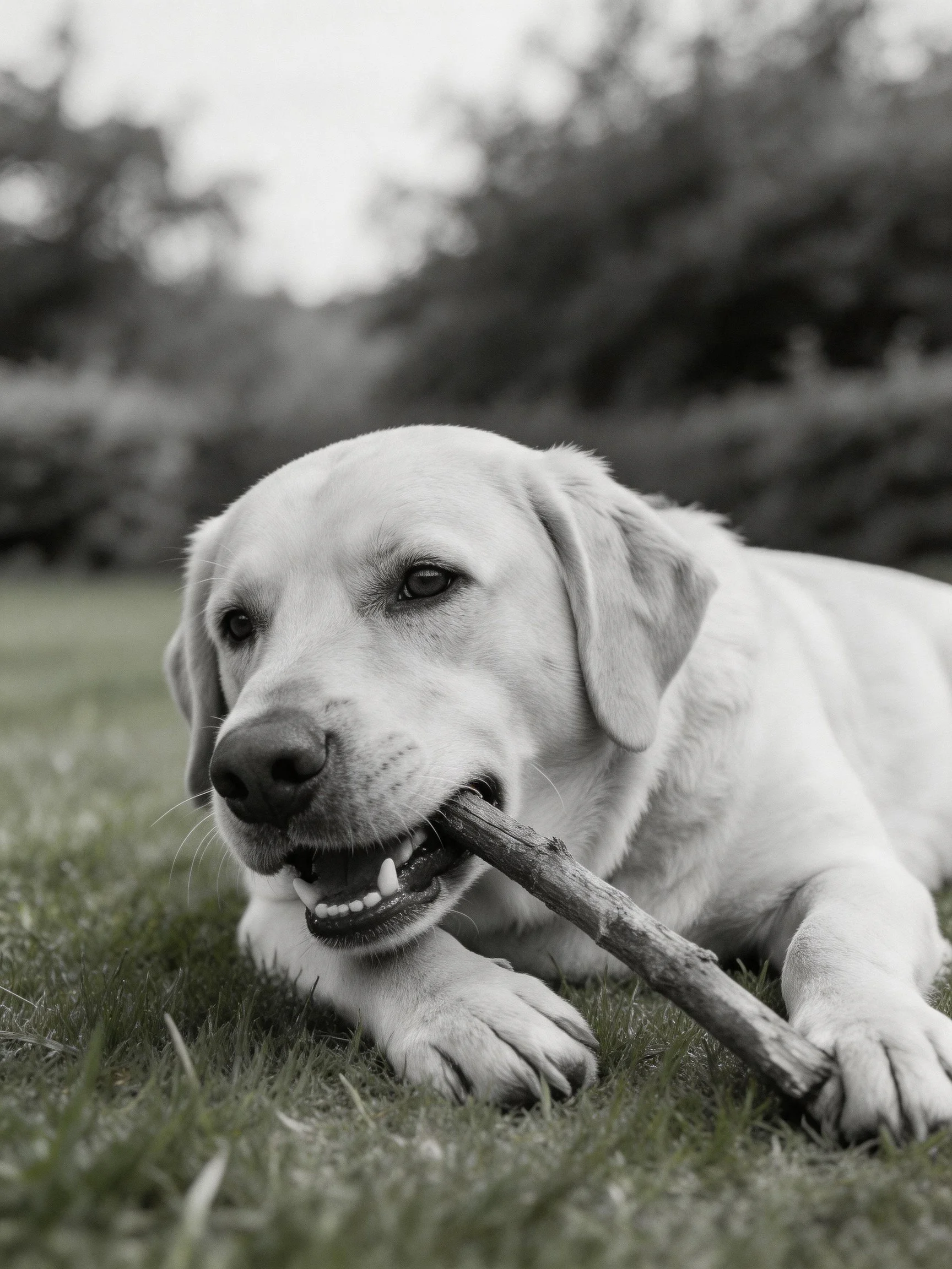 A yellow Labrador retriever chewing a stick on grass