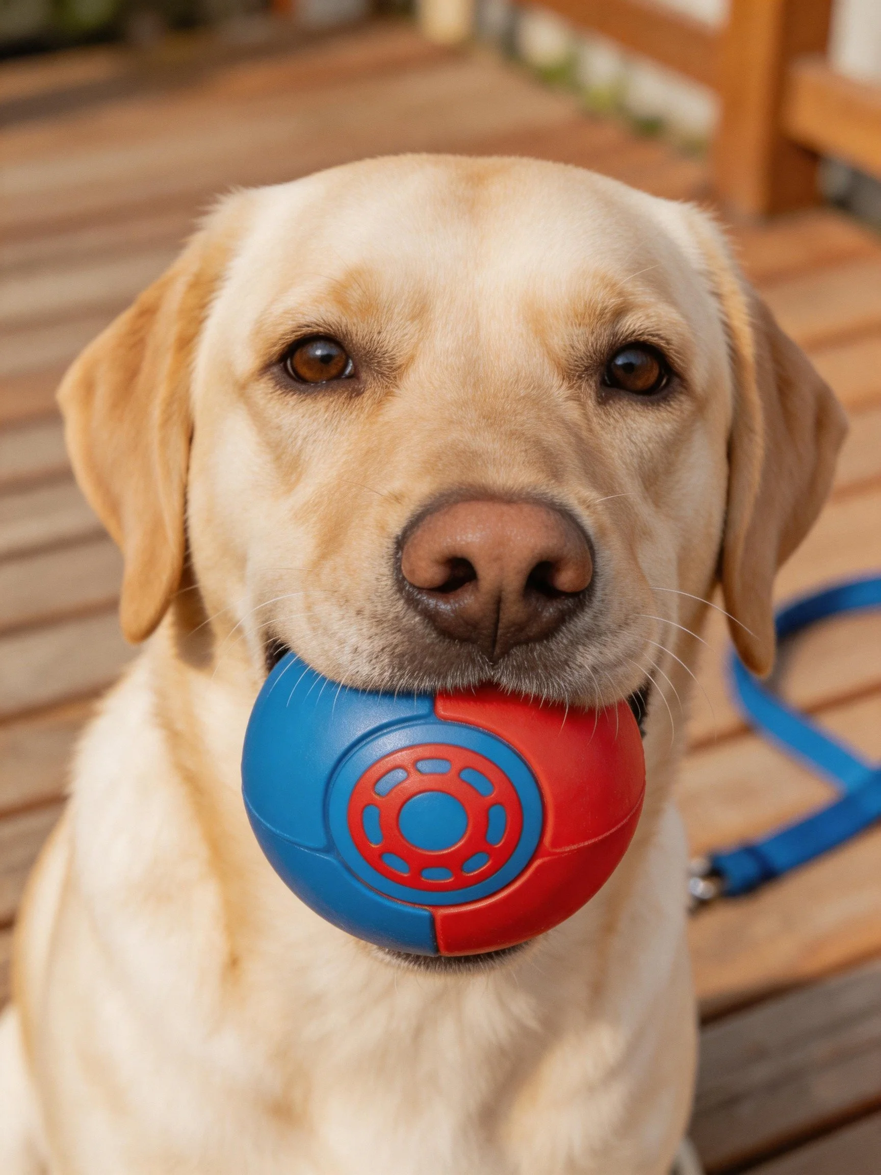A yellow Labrador retriever carries a colorful ball near a wooden deck.