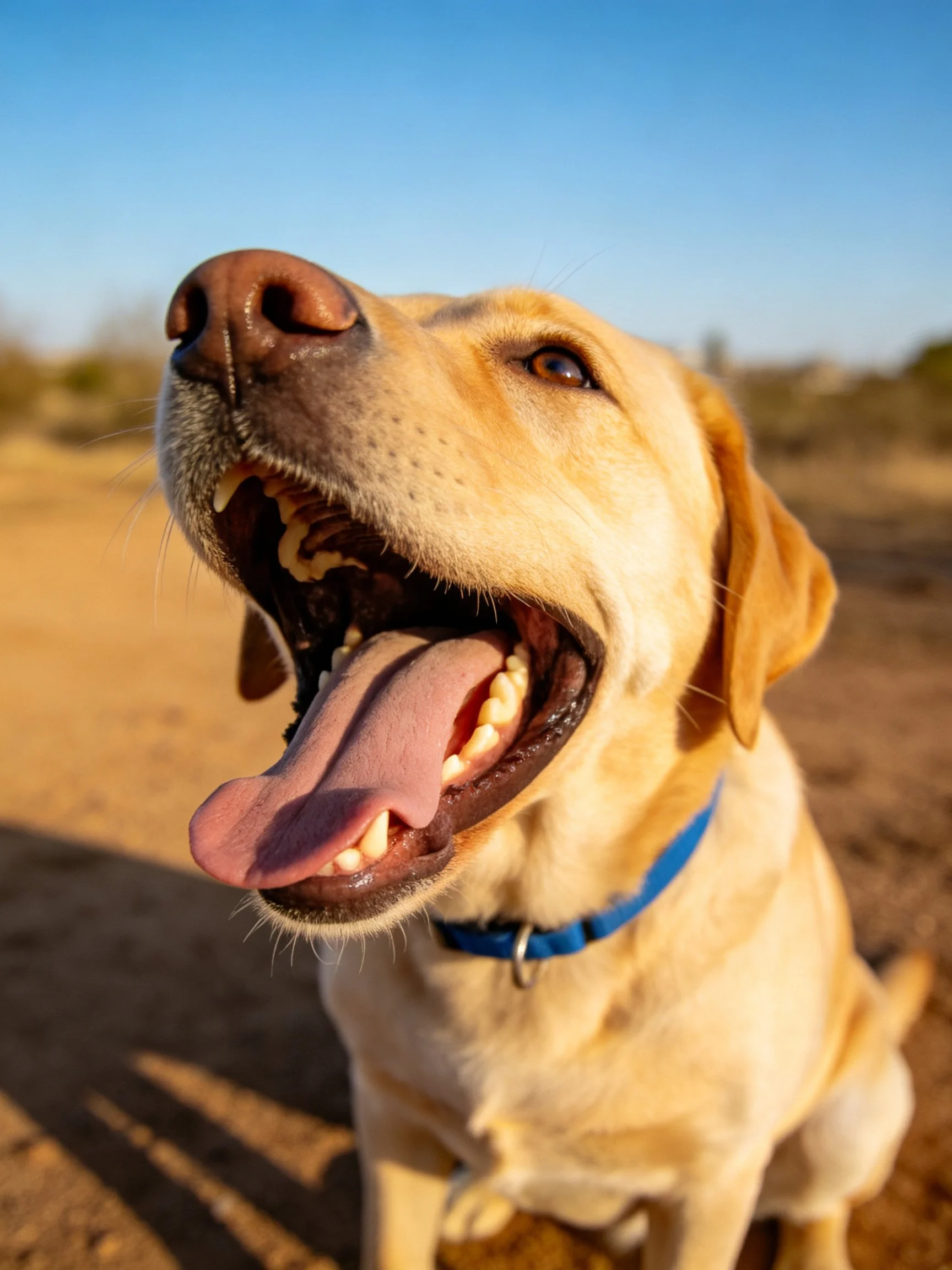 A yellow Labrador retriever panting outdoors with a blue collar