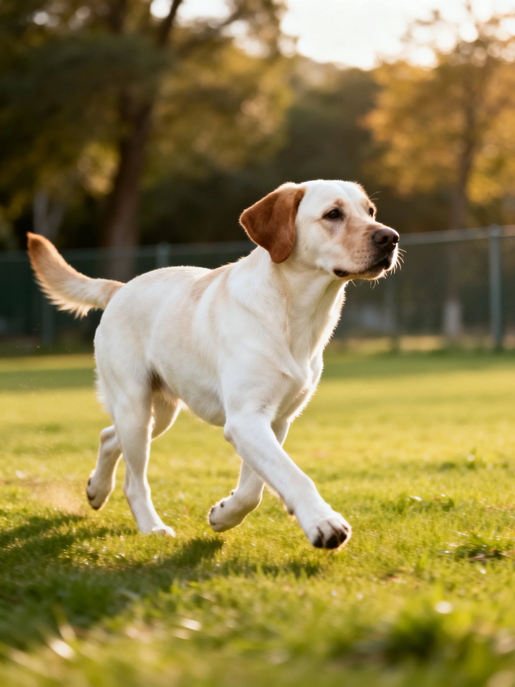 A yellow Labrador retriever dashes across a sunlit grassy area.