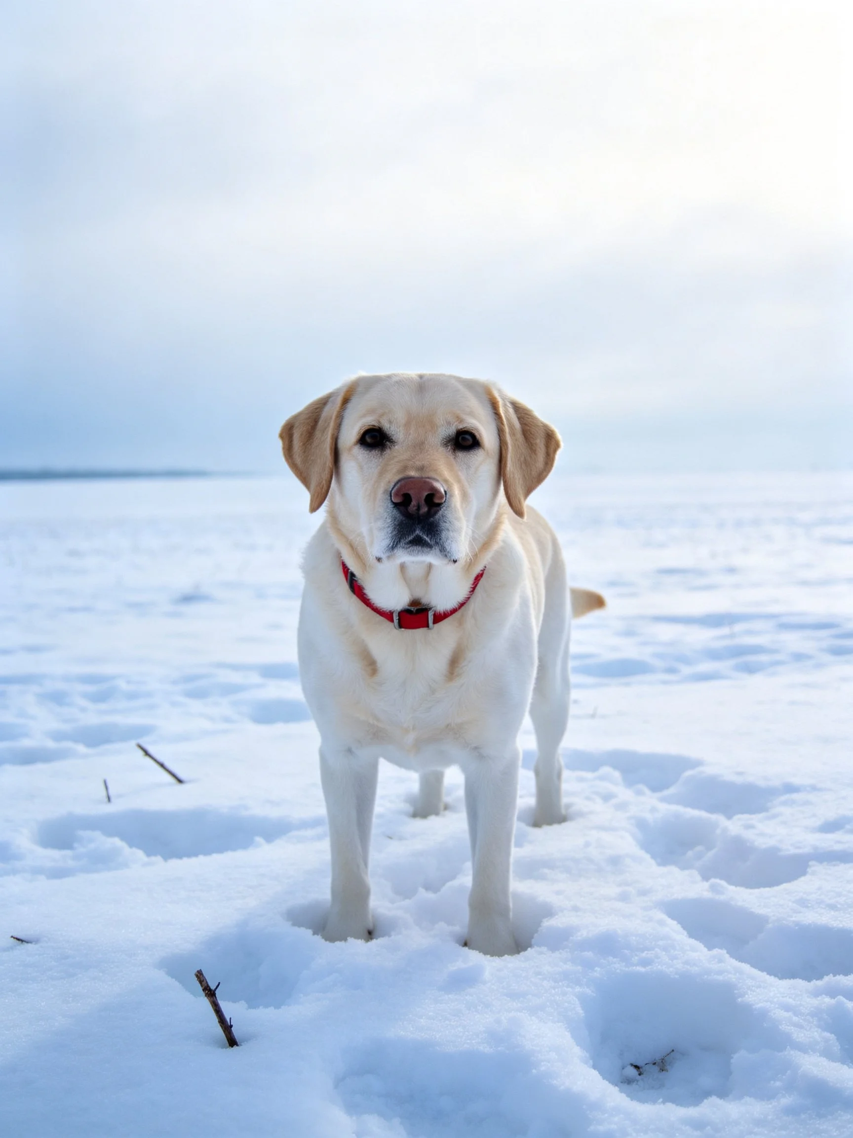 A yellow Labrador retriever stands calmly in a snowy landscape.